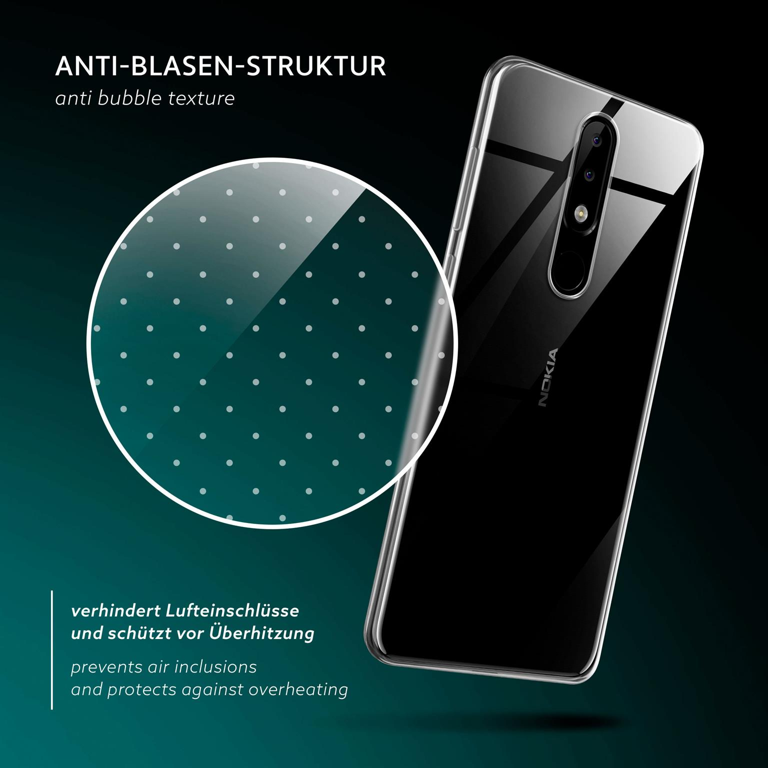 Transparente Handyhülle auf schwarzem Telefon. Anti-Blasen-Textur. Text: Verhindert Lufteinschlüsse.