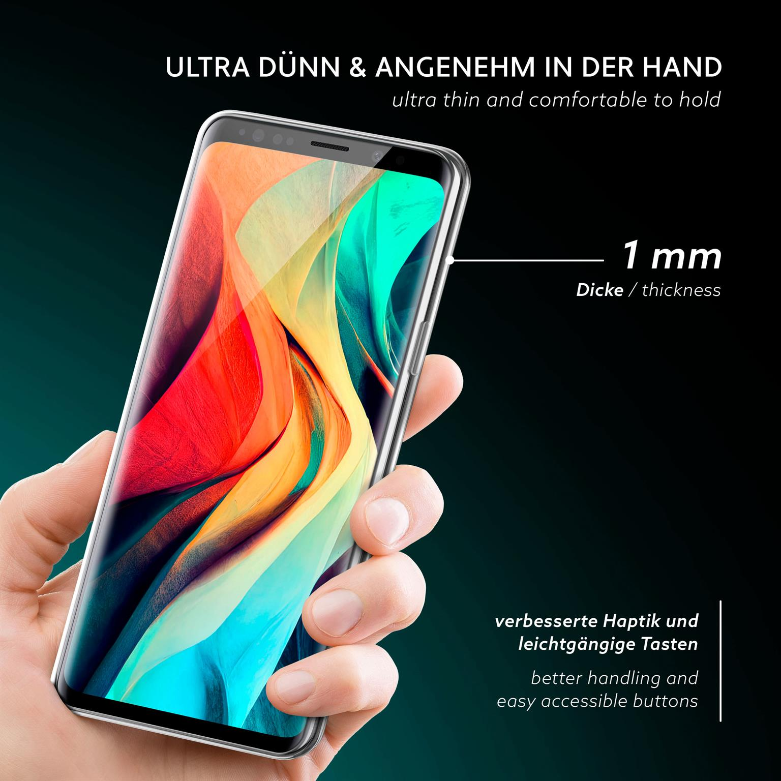 Hand hält Telefon. Text betont 1 mm Dicke, bessere Handhabung und zugängliche Tasten.