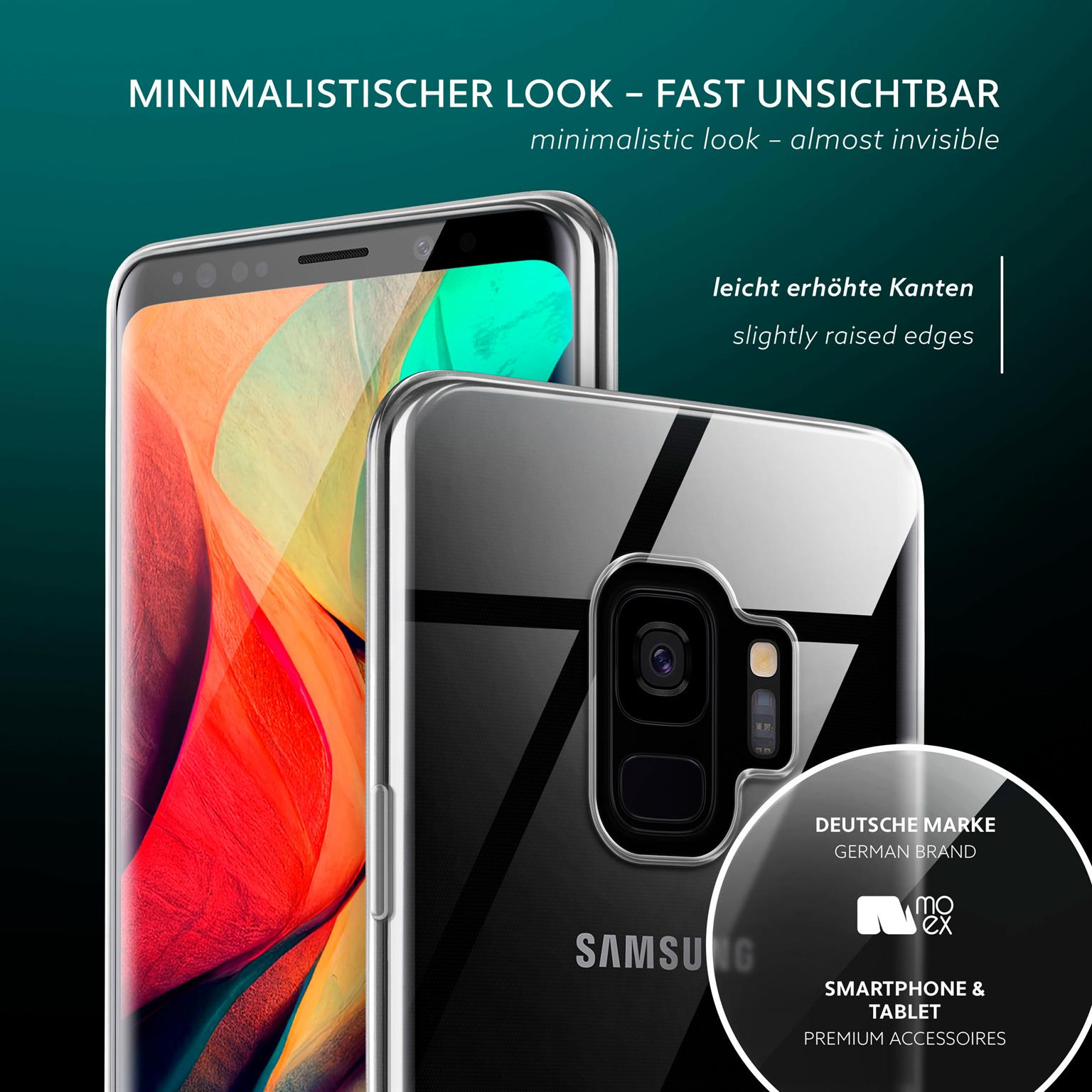 Zwei Telefone, eines mit Hülle auf Vorder- und Rückseite. Text: minimalistischer Look - fast unsichtbar. Samsung.