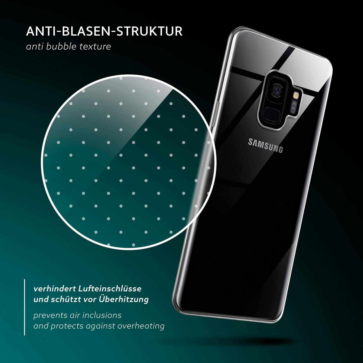 Transparente Handyhülle auf schwarzem Telefon. Hülle hat Anti-Blasen-Struktur. Weiße Punkte sichtbar.