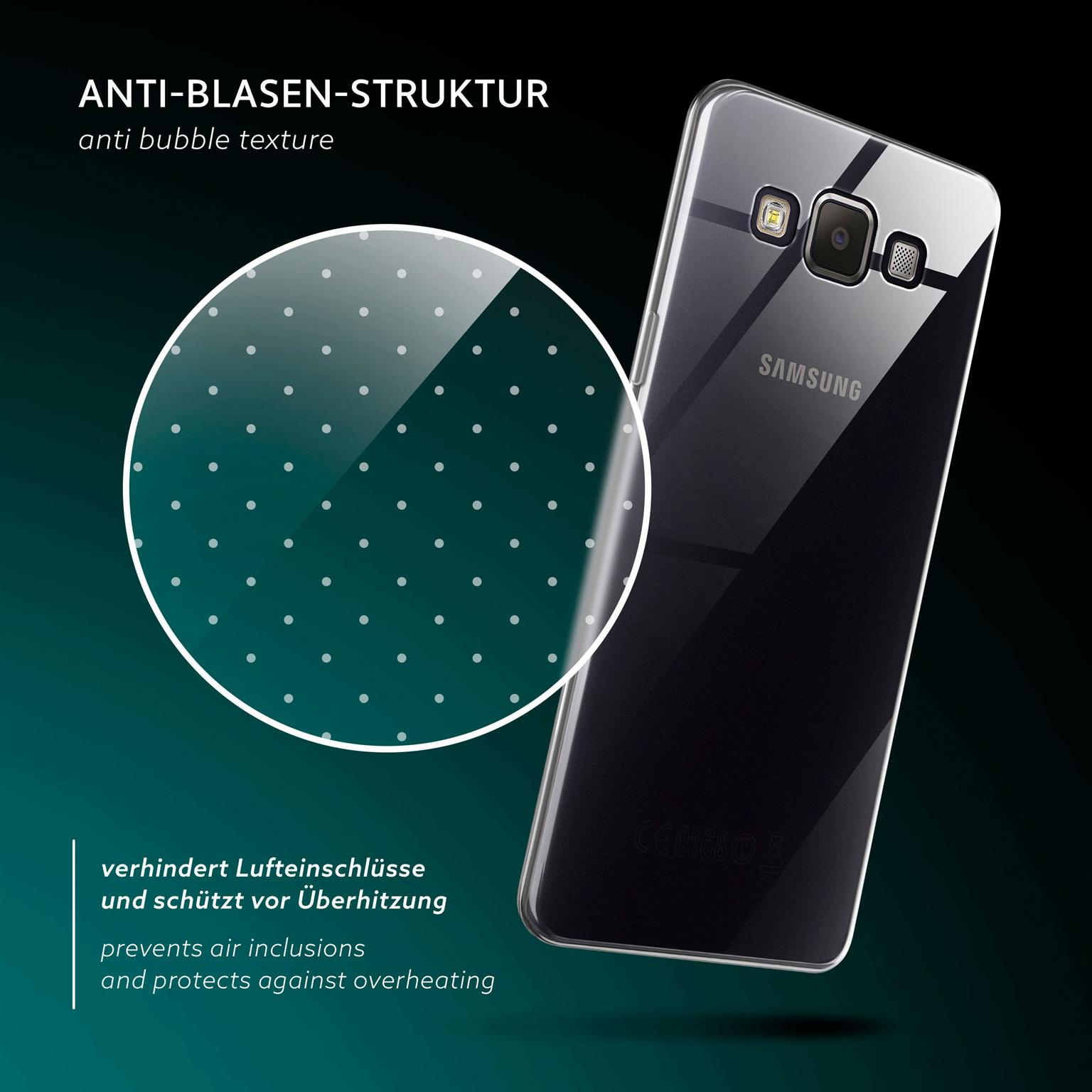 Eine transparente Handyhülle mit einem Telefon darin, plus eine kreisförmige Blasen-Grafik.