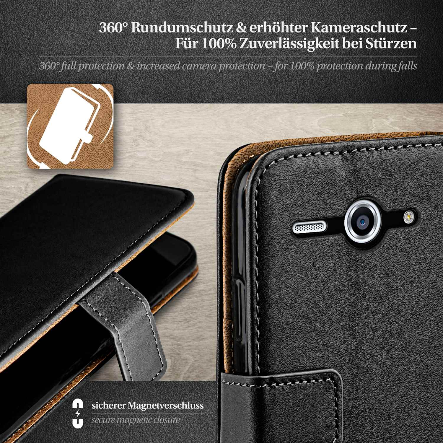 Schwarze Handyhülle mit Telefon, braunem Lederteil und Text.