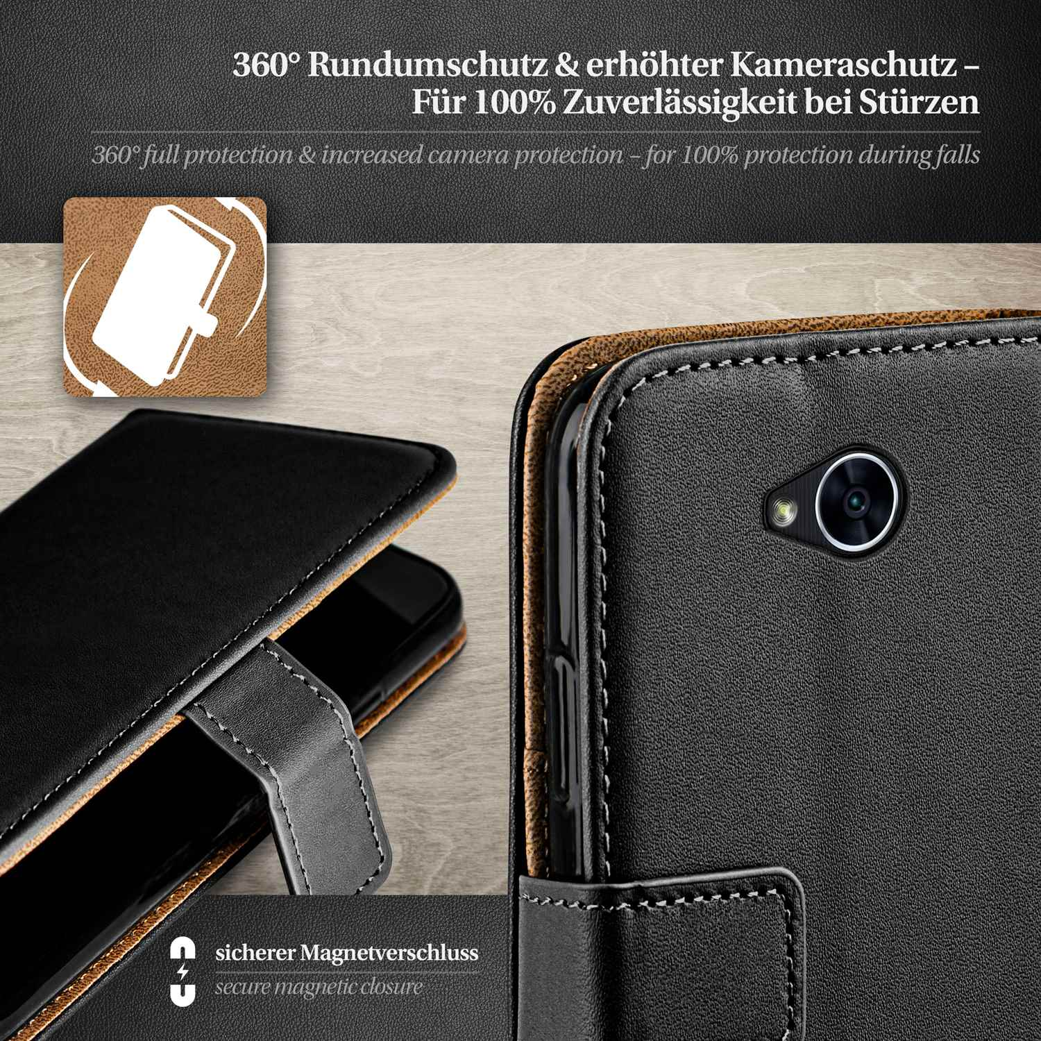 Handyhülle mit Telefon, Nahaufnahme der Kamera und Magnetverschluss.