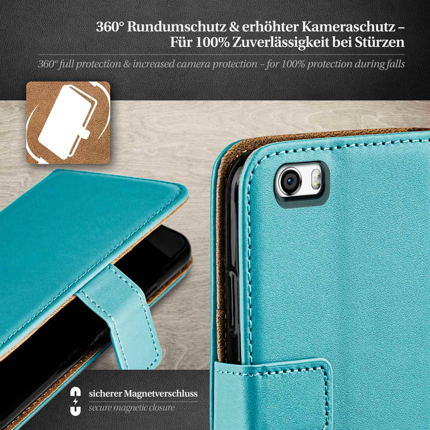 Blaue Handyhülle geöffnet, Telefon sichtbar. Türkisfarbener Hintergrund und Magnetverschluss.
