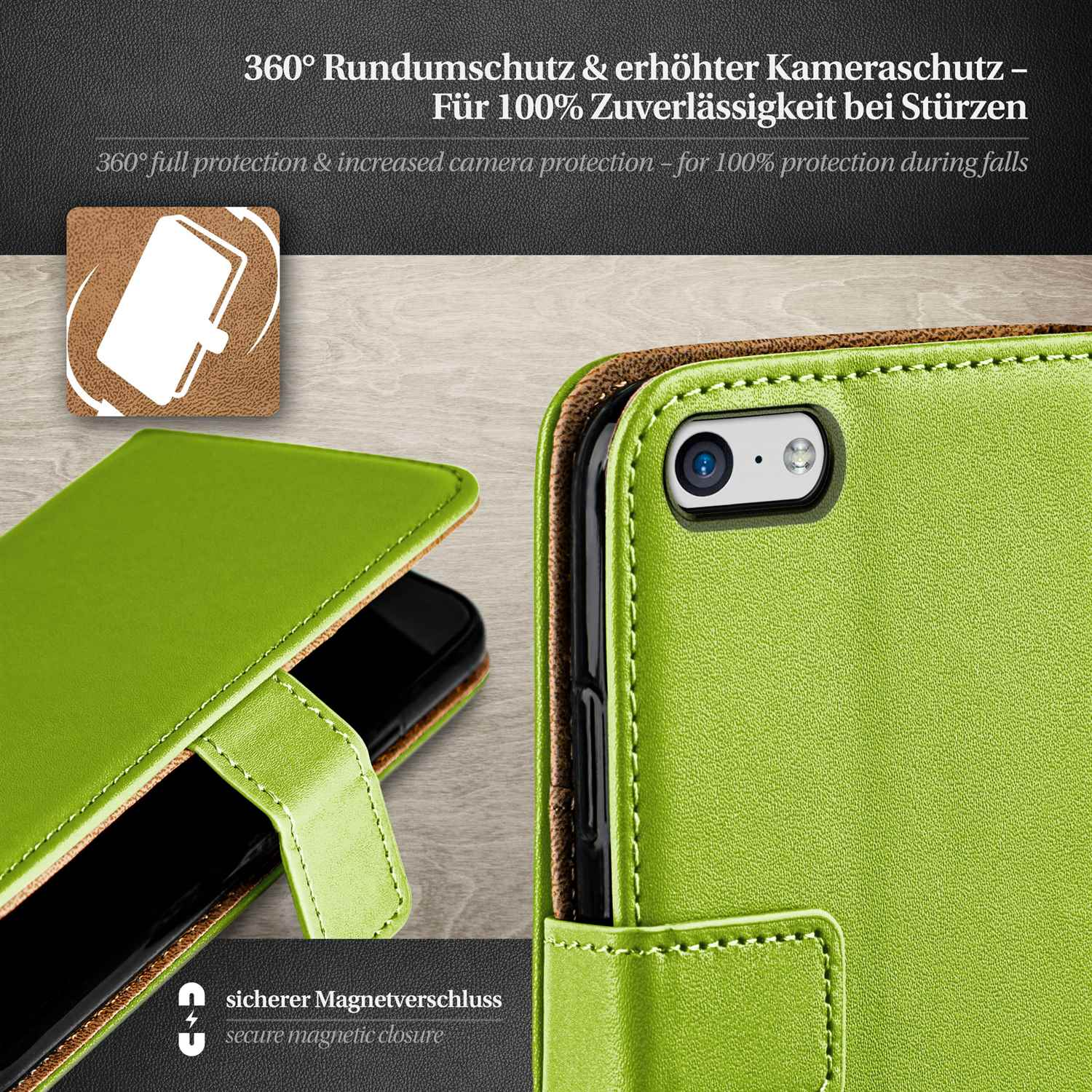 Eine grüne Handyhülle mit einem Telefon darin. Die Hülle ist offen und zum Präsentieren aufgestellt.