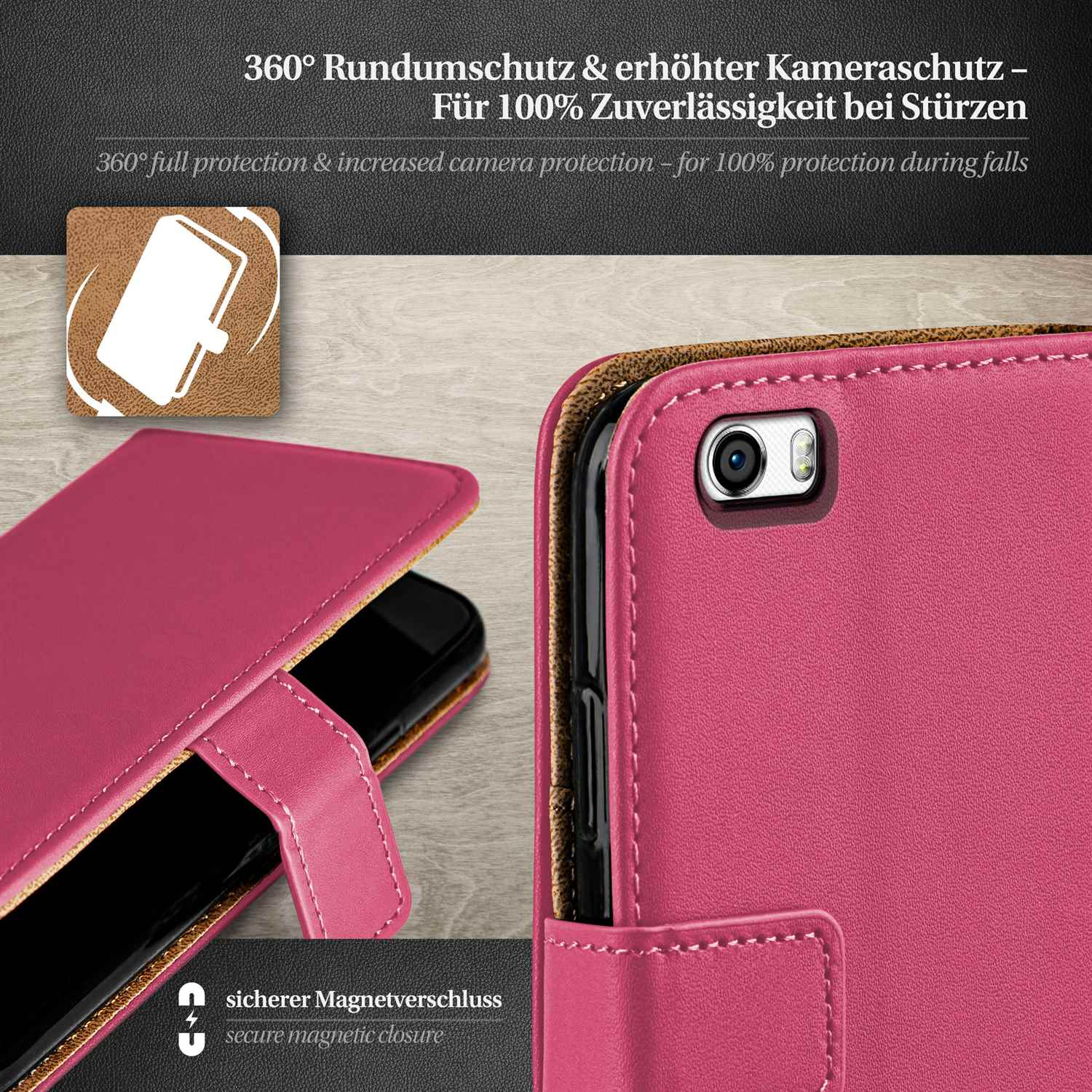 Rosa Handyhülle mit Telefon darin. Die Hülle ist offen und zeigt Telefon und Kamera. Sicherer Magnetverschluss.