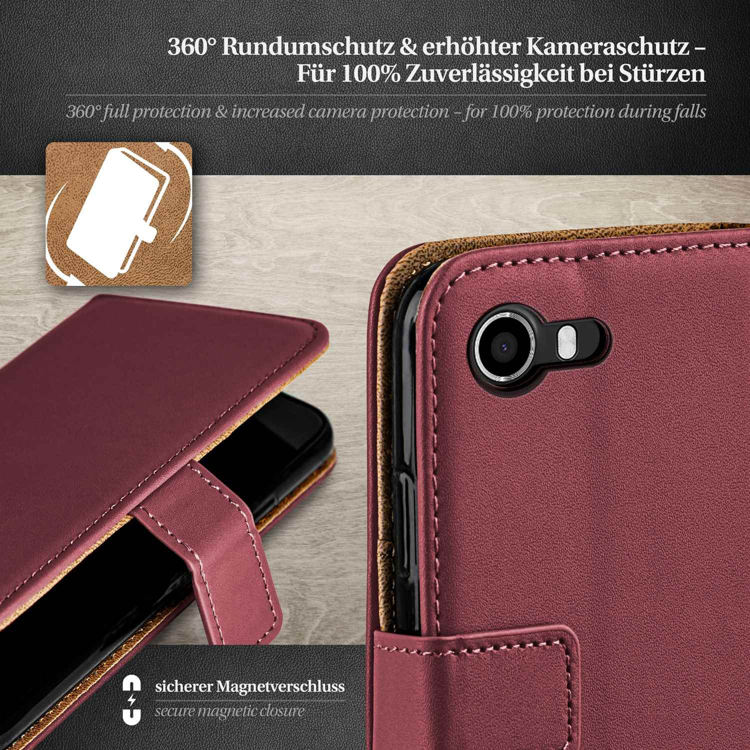 Geöffnete Handyhülle, Telefon innen. Burgunderrot. Text: 360° Schutz & erhöhter Kameraschutz.