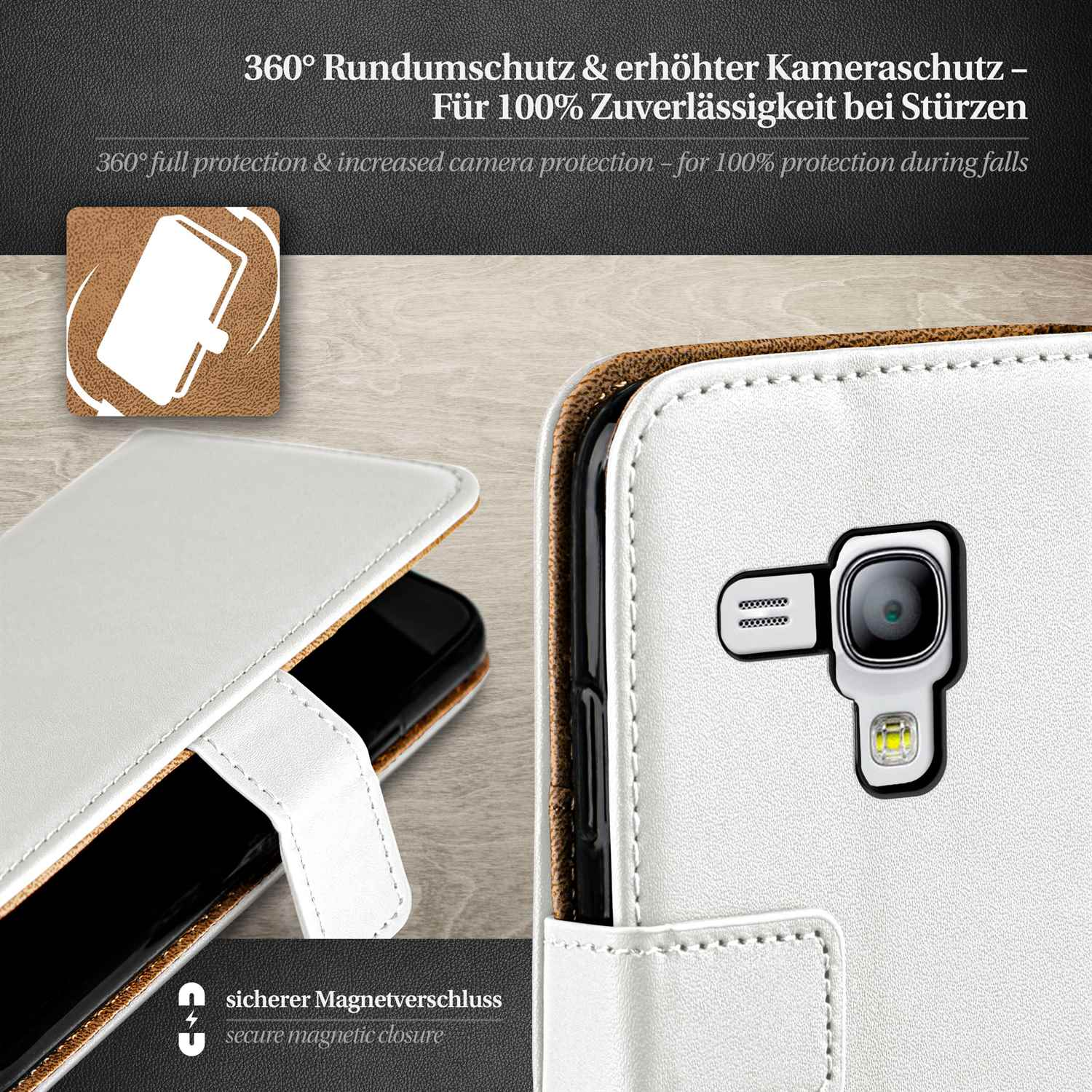 Weiße Handyhülle mit Kamera. Die Hülle ist offen und zeigt ein schwarzes Telefon. Die Hülle hat ein Logo.
