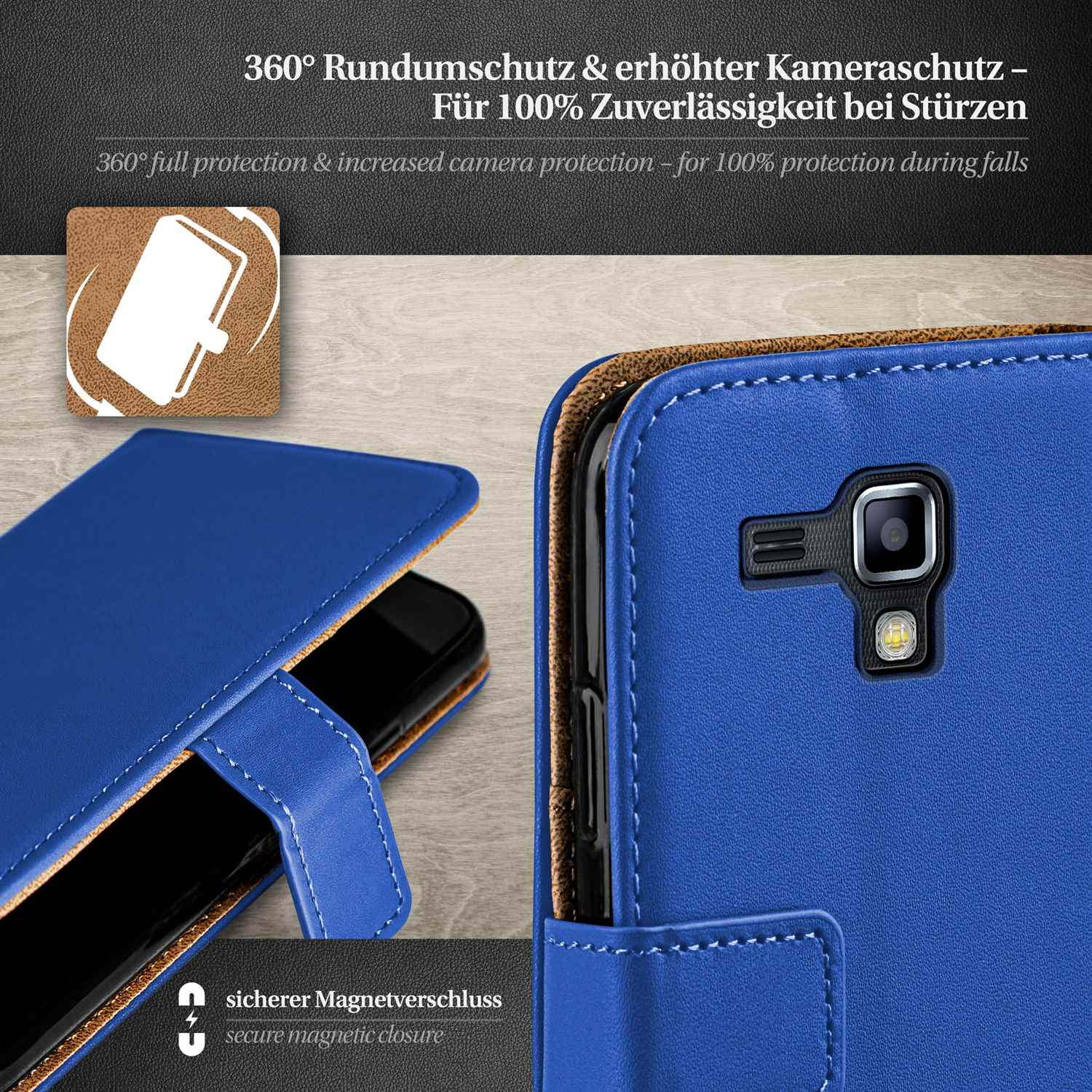 Blaue Handyhülle mit schwarzem Telefon im Inneren. Nahaufnahme der Kamera sichtbar. Magnetverschluss.