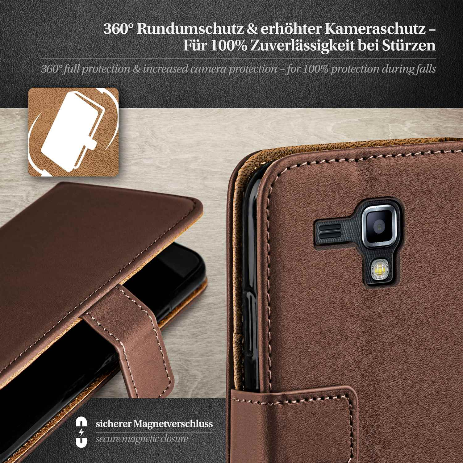 Braune Handyhülle mit Telefon darin und Magnetverschluss.
