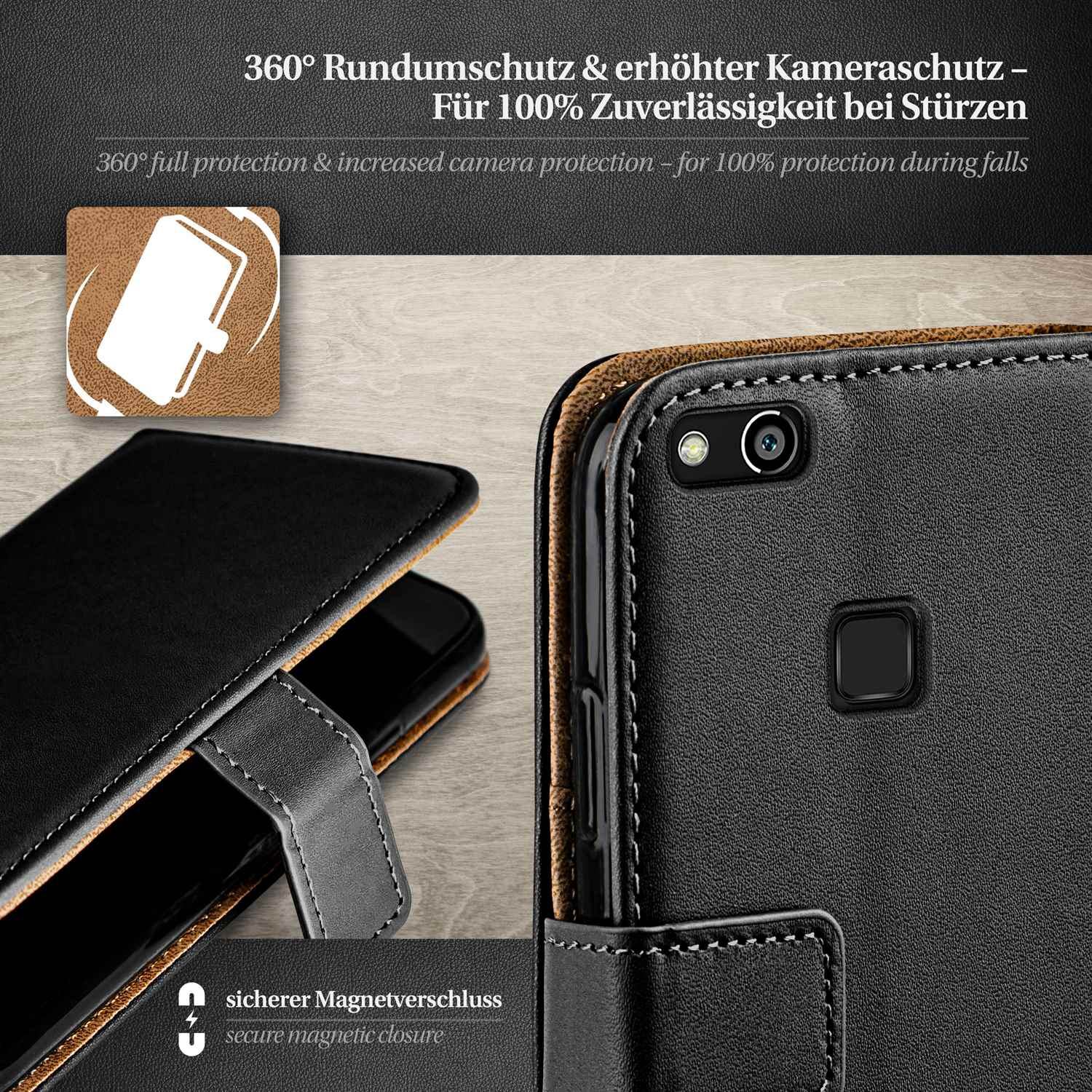 Schwarze Handyhülle mit Kamera. Die Hülle ist offen, zeigt ein Telefon. Die Hülle hat ein Logo.