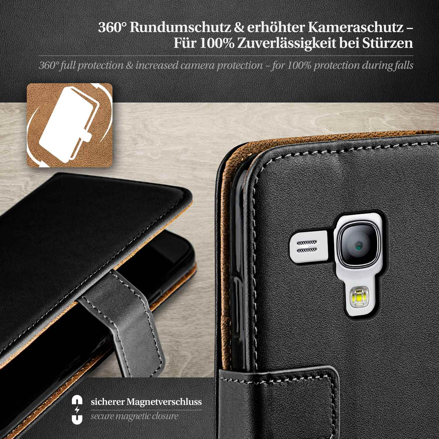 Eine schwarze Handyhülle mit einem Telefon darin. Die Hülle ist offen und zum Präsentieren aufgestellt.