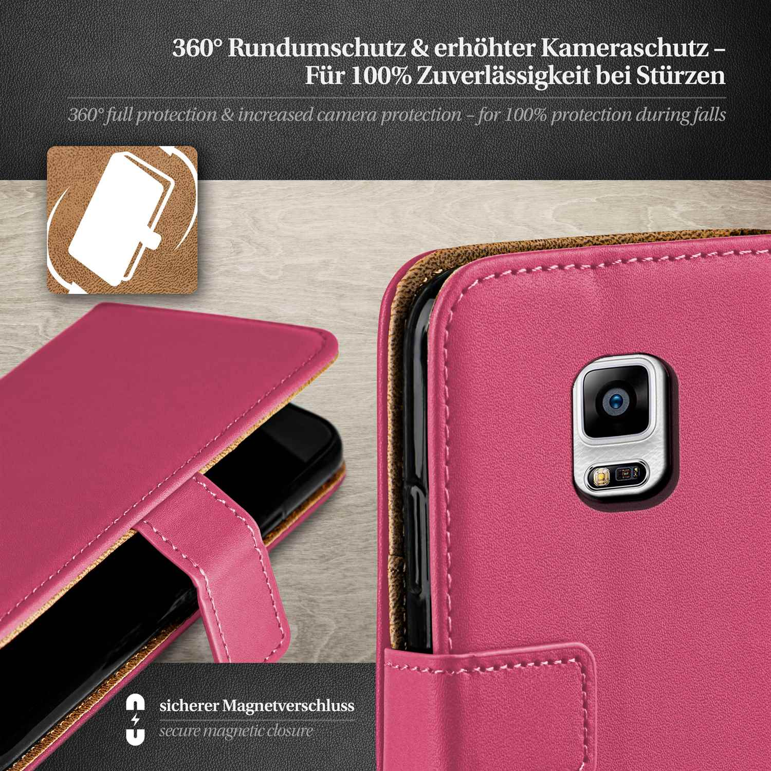 Rosa Handyhülle mit Telefon. Die Hülle hat einen sicheren Magnetverschluss und Kameraschutz.