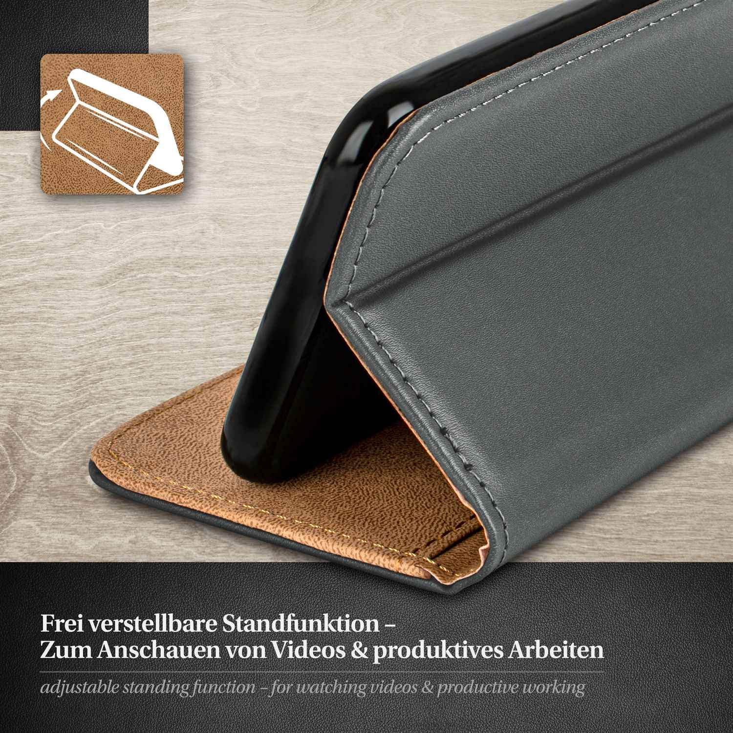 Graue Handyhülle mit braunem Innenraum, Telefon innen. Text unten, einstellbare Standfunktion.