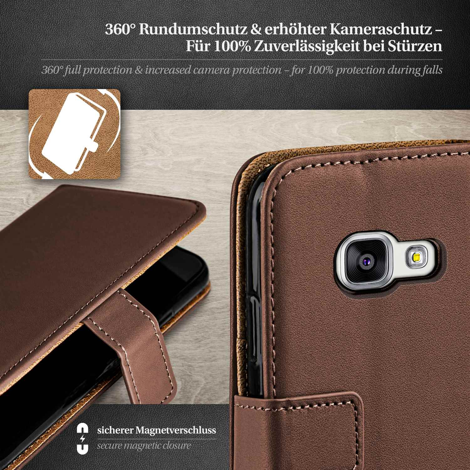 Braune Handyhülle mit Telefon darin. Text: 360° Schutz. Sicherer Magnetverschluss. Kameraschutz.