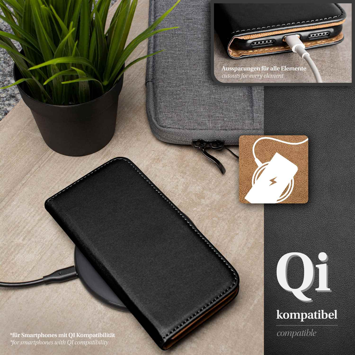 Eine Handyhülle mit einem Telefon auf einem kabellosen Ladegerät. Eine Pflanze, eine graue Tasche und ein schwarzer Hintergrund.