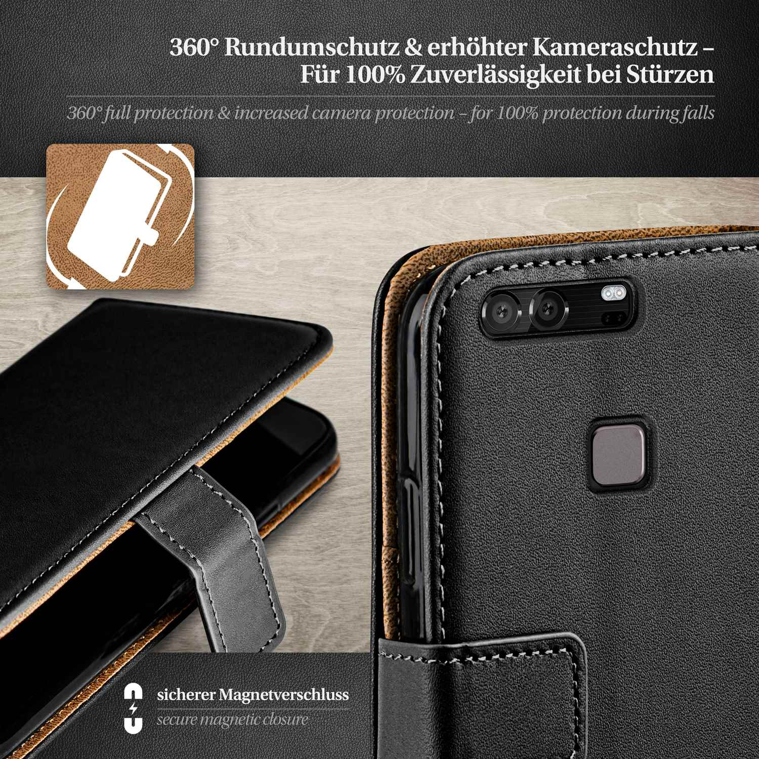 Schwarze Handyhülle mit Telefon, braunem Lederteil und Text.
