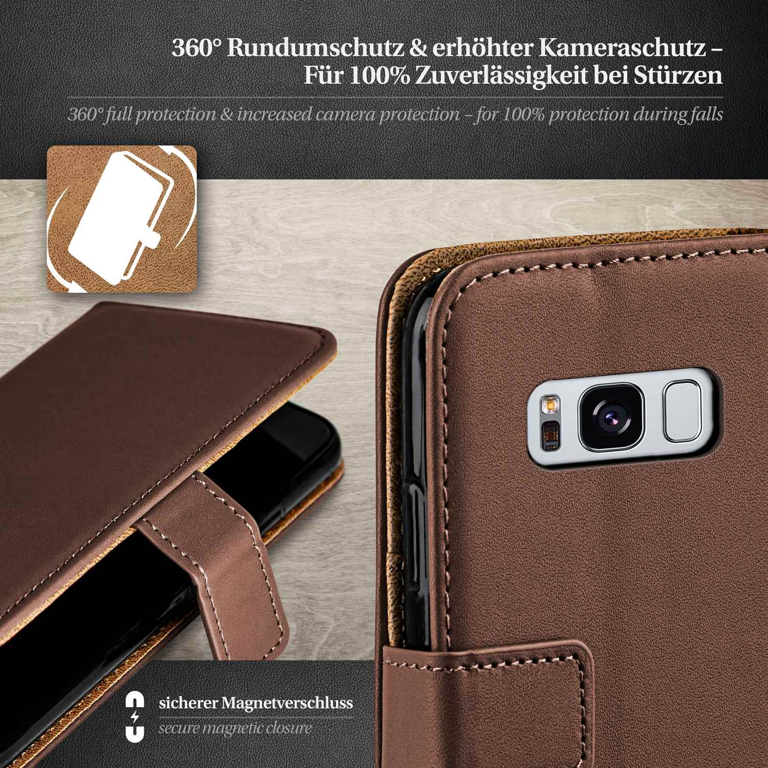 Braunes Handycase mit Telefon. Das Case hat einen Magnetverschluss.