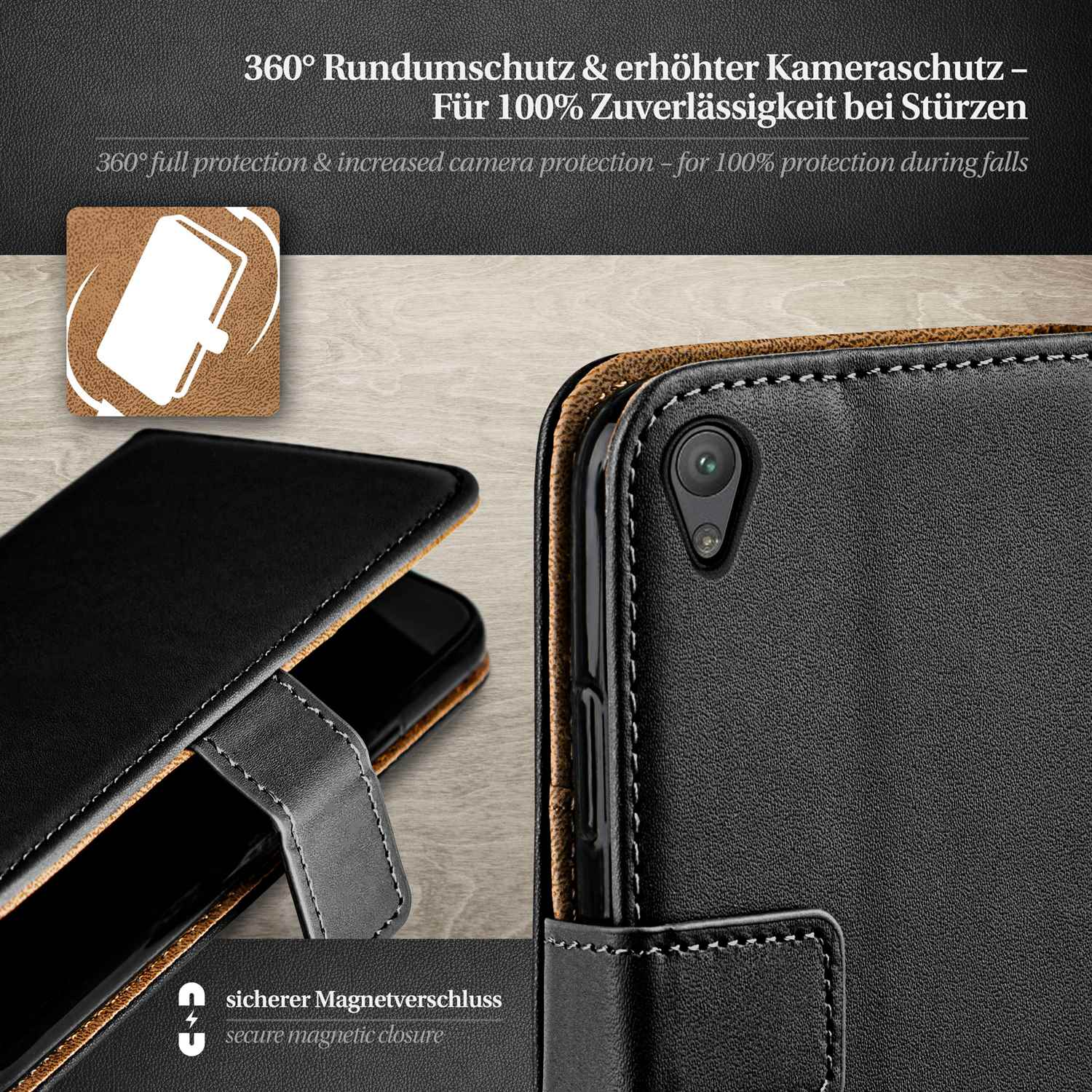 Schwarze Handyhülle, Telefon innen. Schwarzes Telefon, schwarzes Gehäuse und Magnetverschluss.