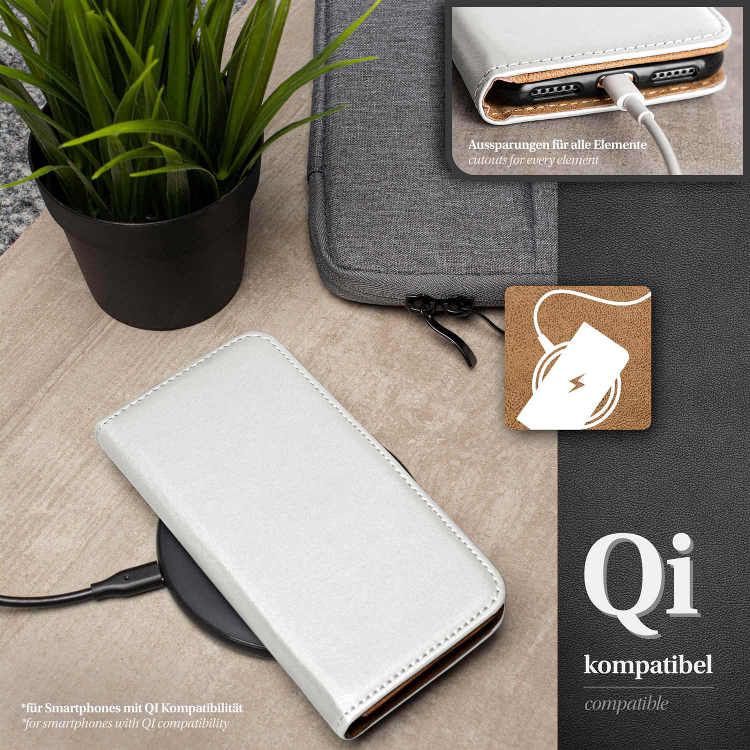 Weißes Handyhülle auf einem kabellosen Ladegerät. Pflanze im Topf, graue Tasche und ein Textfeld.