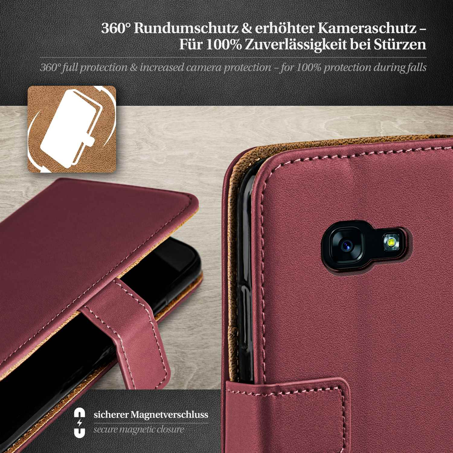 Burgunderfarbene Handyhülle mit Telefon, Magnetverschluss und Kameraschutz.
