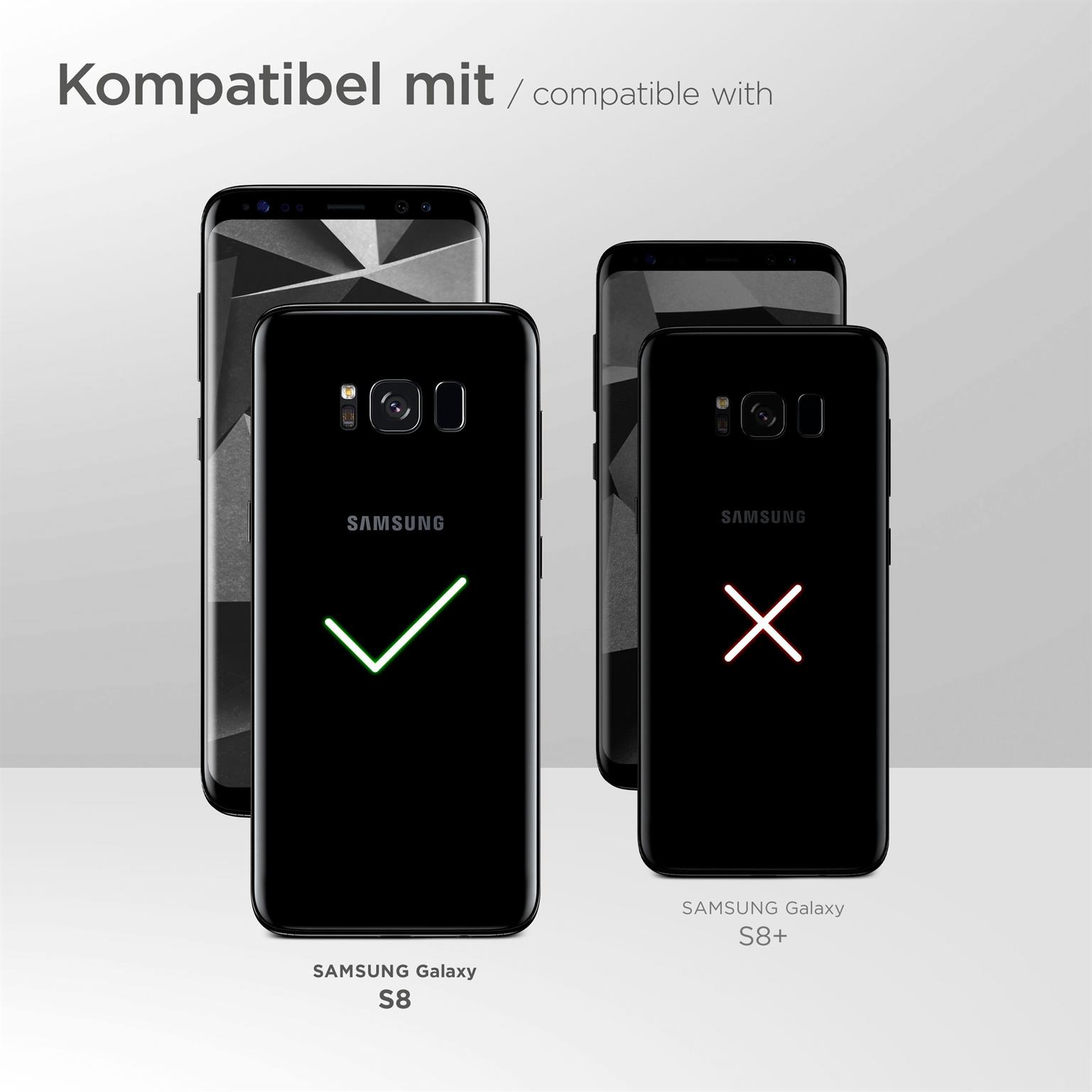 Zwei Telefone. Eins mit Haken, eins mit X. Text: Kompatibel mit Samsung S8 und S8+.