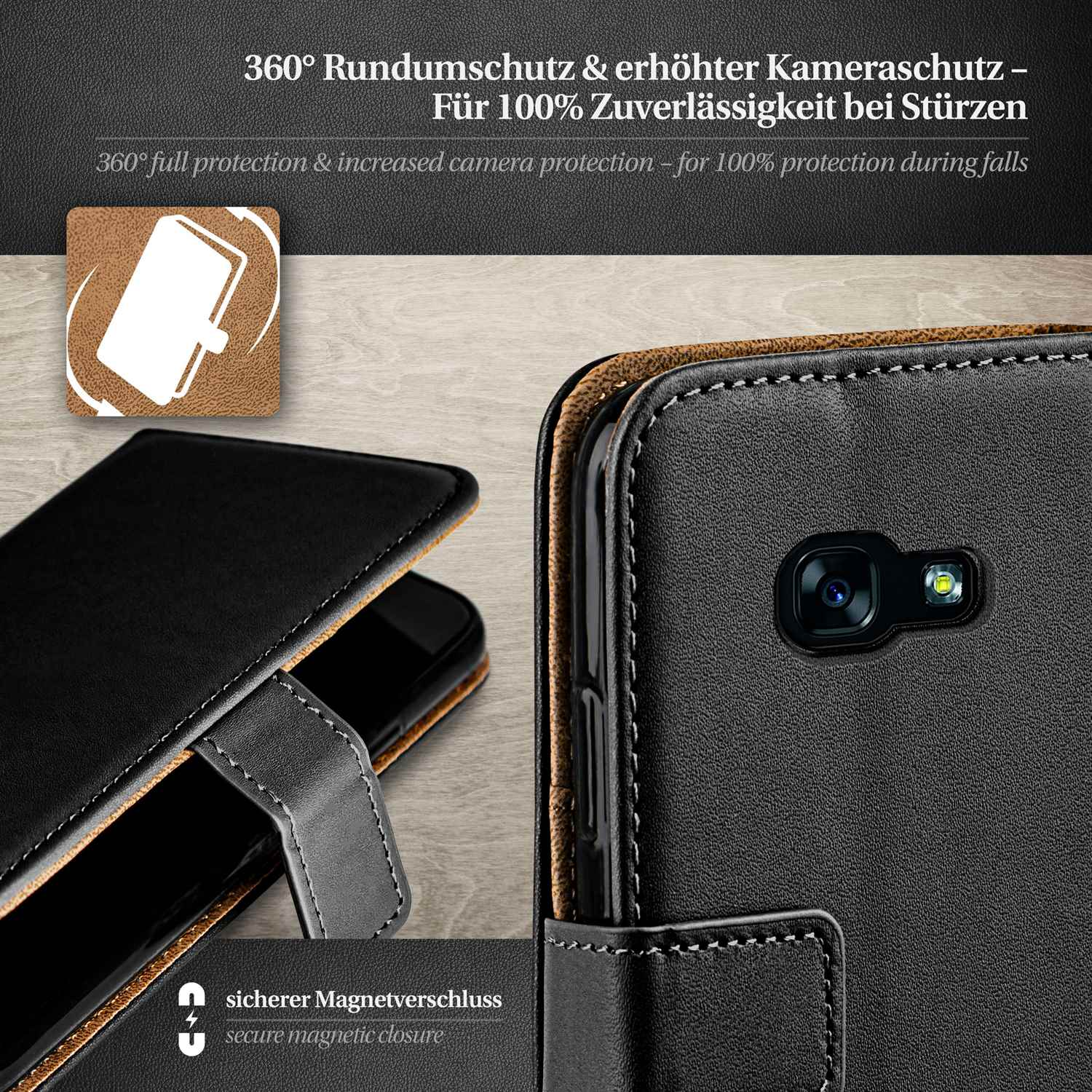 Schwarze Handyhülle. Offen mit Telefon darin. Nahaufnahme des Kamerabereichs.