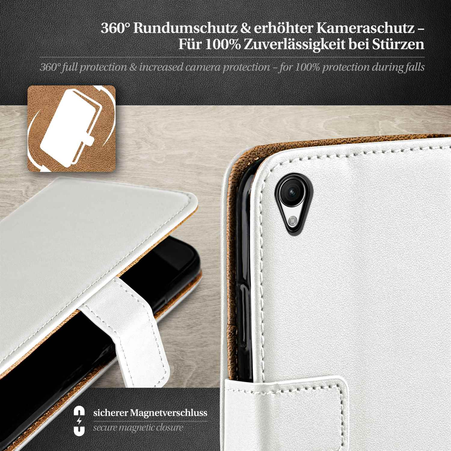 Weiße Handyhülle mit Telefon darin. Text: 360° Schutz. Sicherer Magnetverschluss. Kameraschutz.