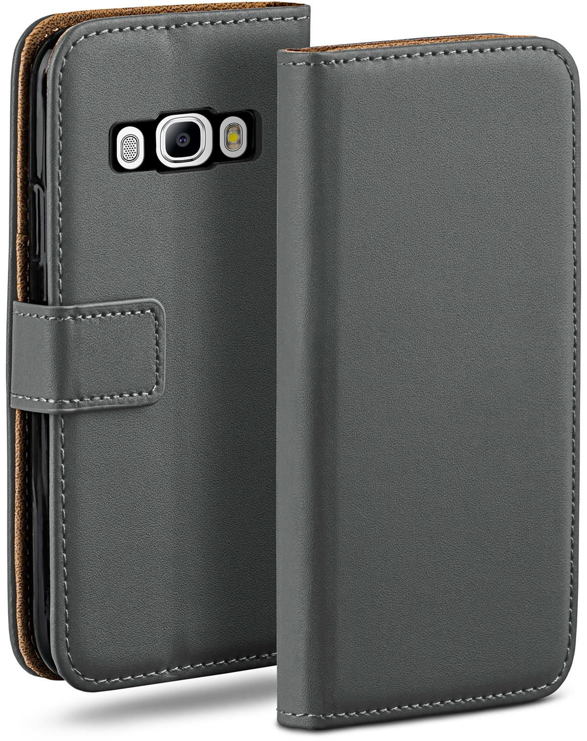 Graue Handy-Brieftasche offen. Telefon innen. Weiße Nähte sichtbar.