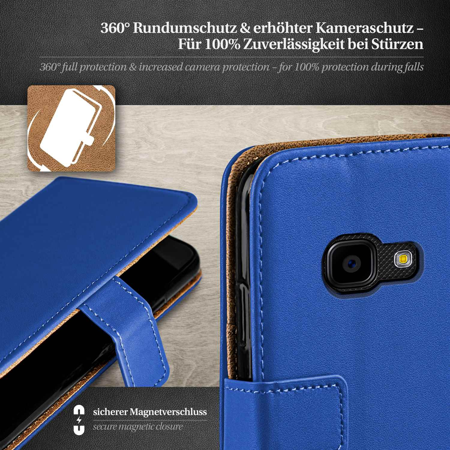 Blaue Handyhülle mit schwarzem Telefon. Text: 360° Rundumschutz & erhöhter Kameraschutz – für 100% Schutz.
