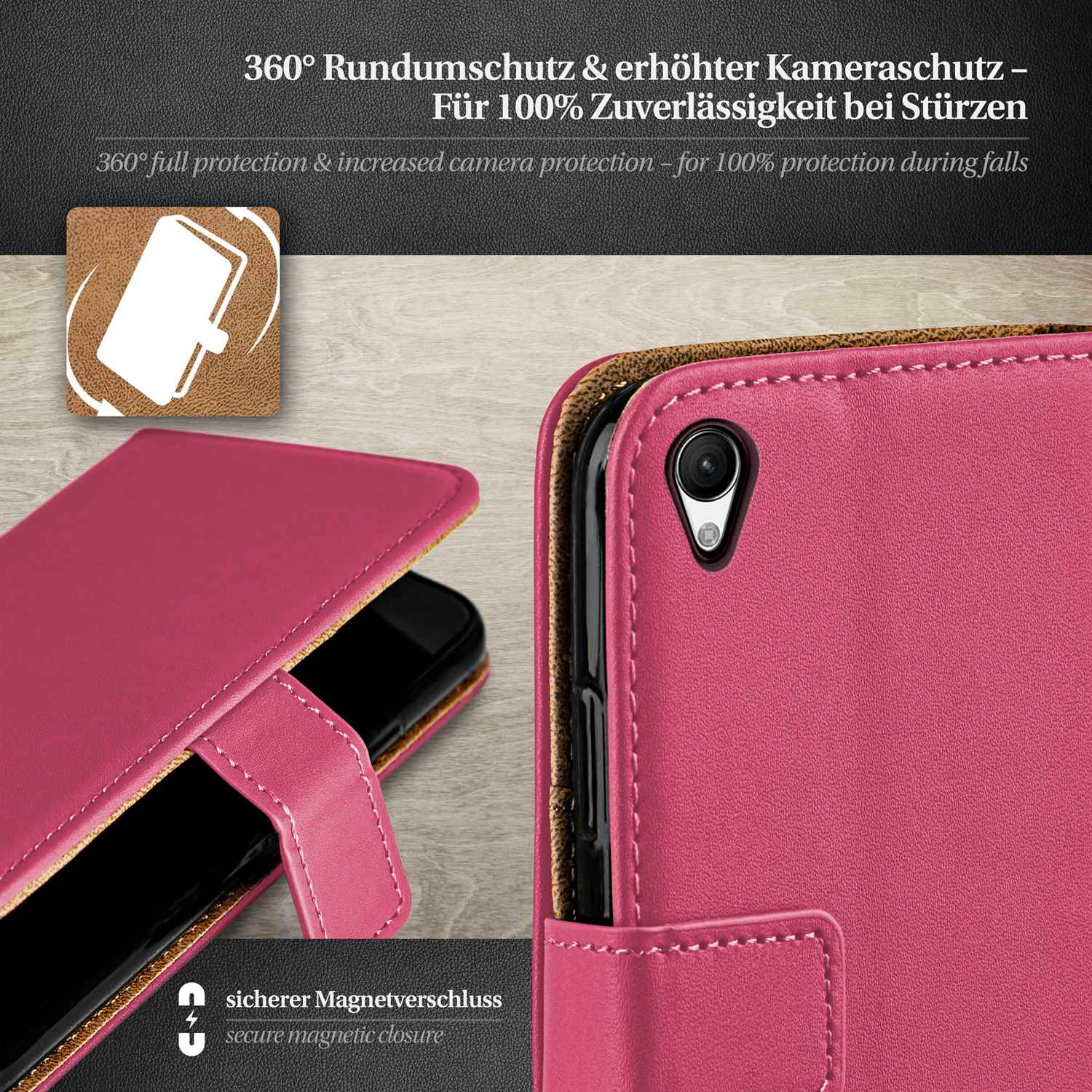 Rosa Handyhülle mit Magnetverschluss, schützt das Telefon. Die Hülle hat einen Kameraschutz.