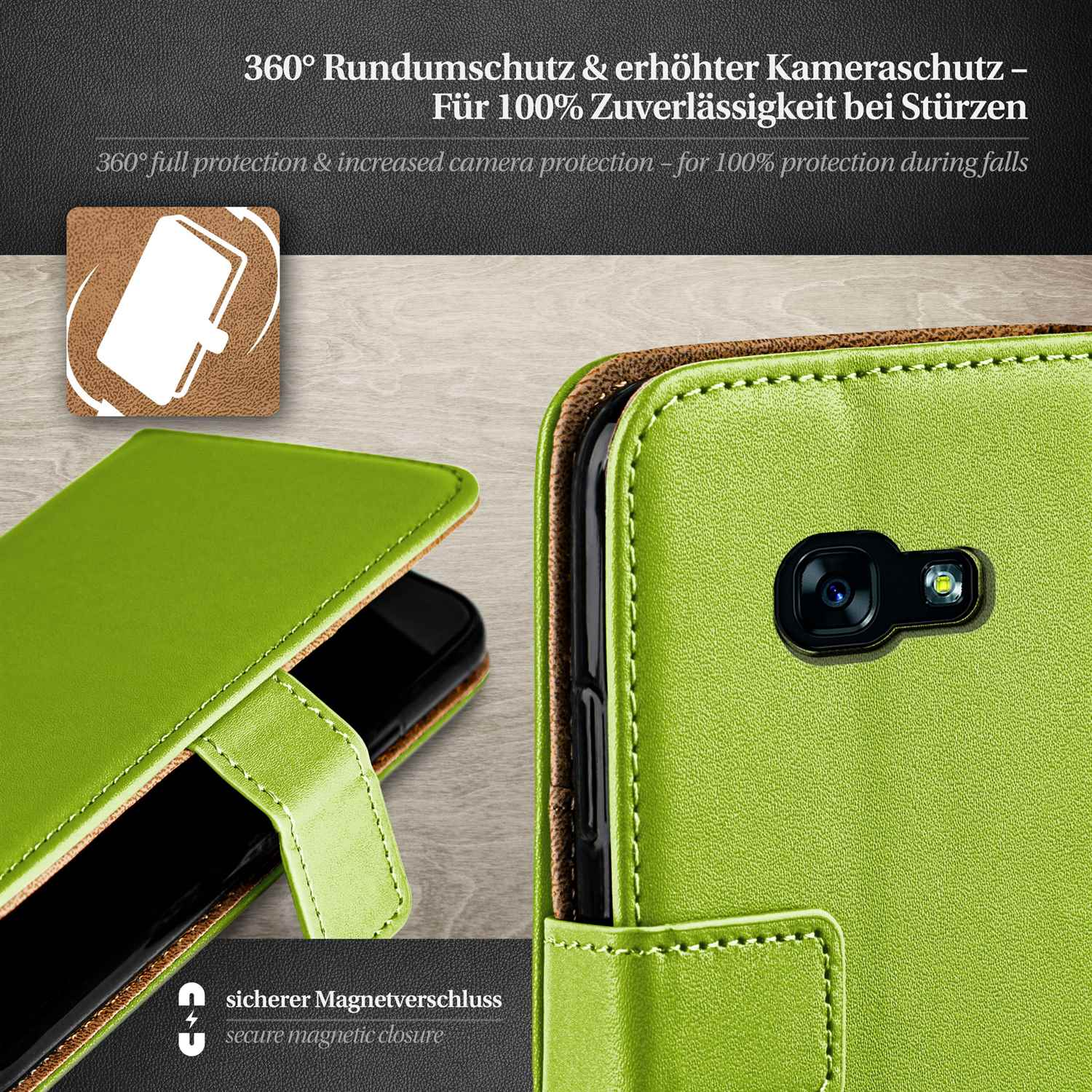 Grüne Handyhülle mit schwarzem Telefon innen und dunklem Kameraloch.