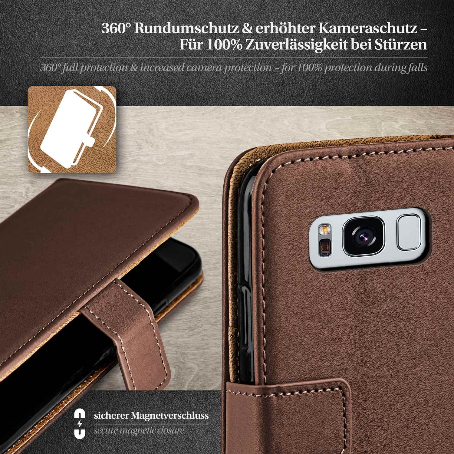 Braune Handyhülle. Text: 360° Schutz. Sicherer Magnetverschluss. Schützender Kamerabereich.