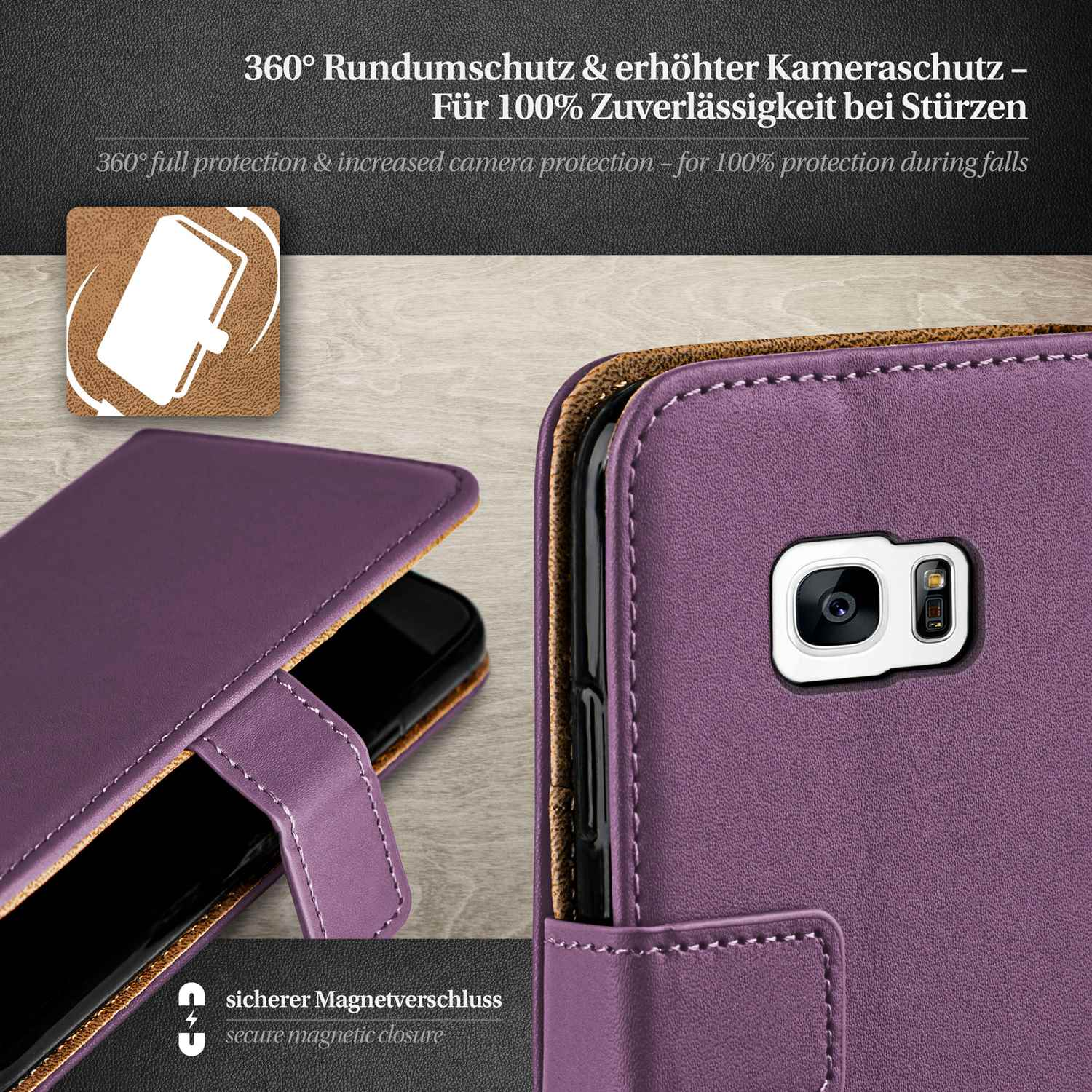 Geöffnete lila Handyhülle mit schwarzem Handy. Ein weißes Quadrat mit Bild im Hintergrund.