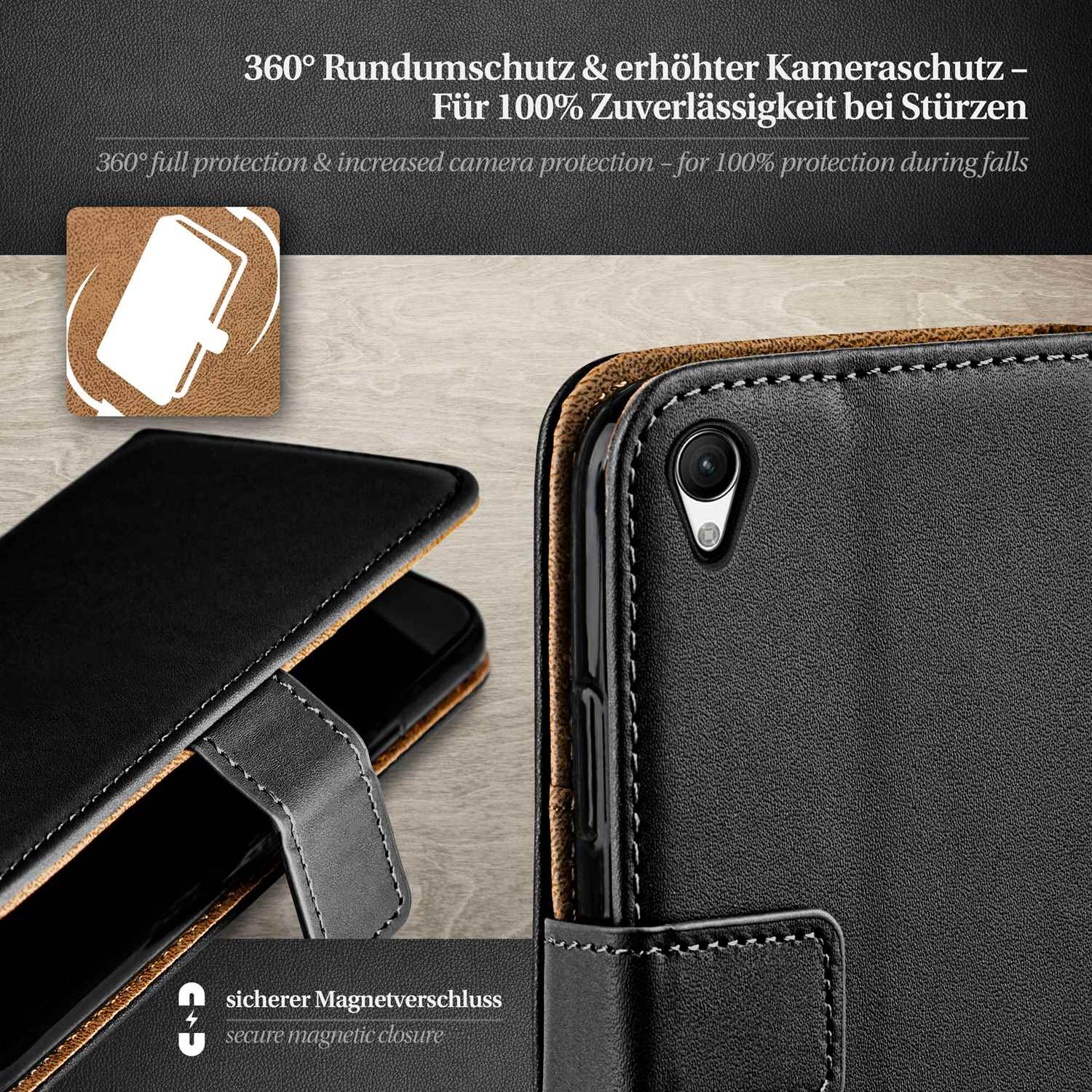 Schwarze Handyhülle mit Magnetverschluss. Text: 360° Rundumschutz. Sicherer Magnetverschluss.