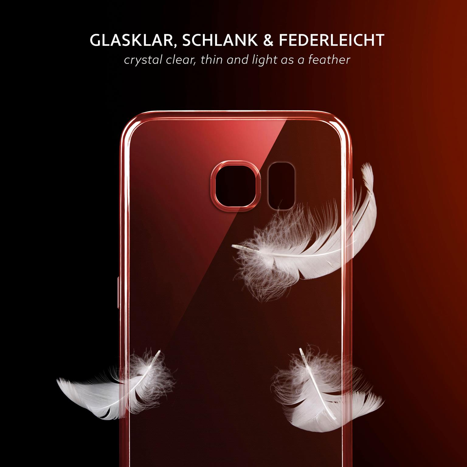 Transparente Handyhülle mit drei weißen Federn auf dunkelrotem Hintergrund. Die Hülle ist dünn.