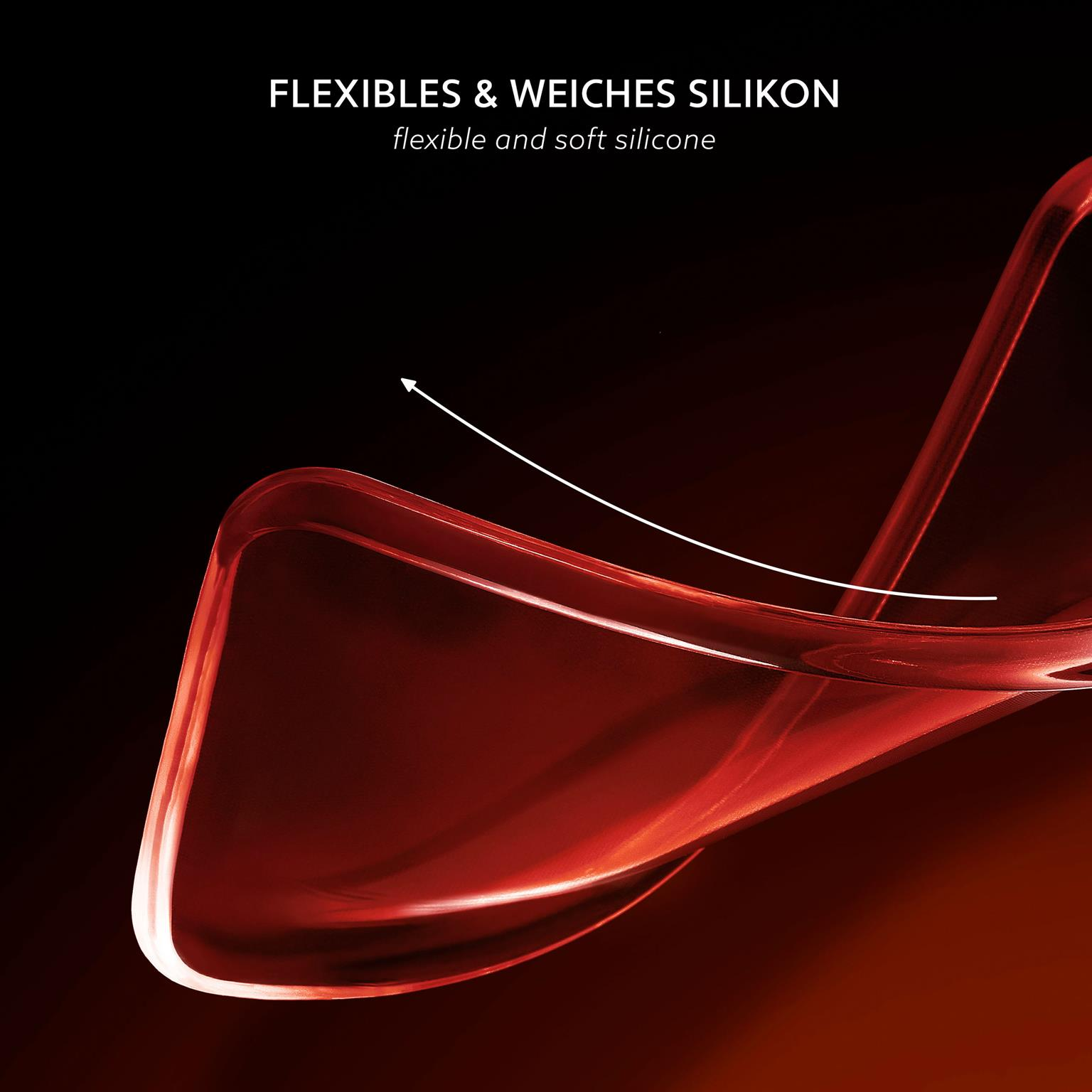 Eine transparente, rote, flexible Silikon-Handyhülle mit geschwungenem Design auf dunklem Hintergrund.
