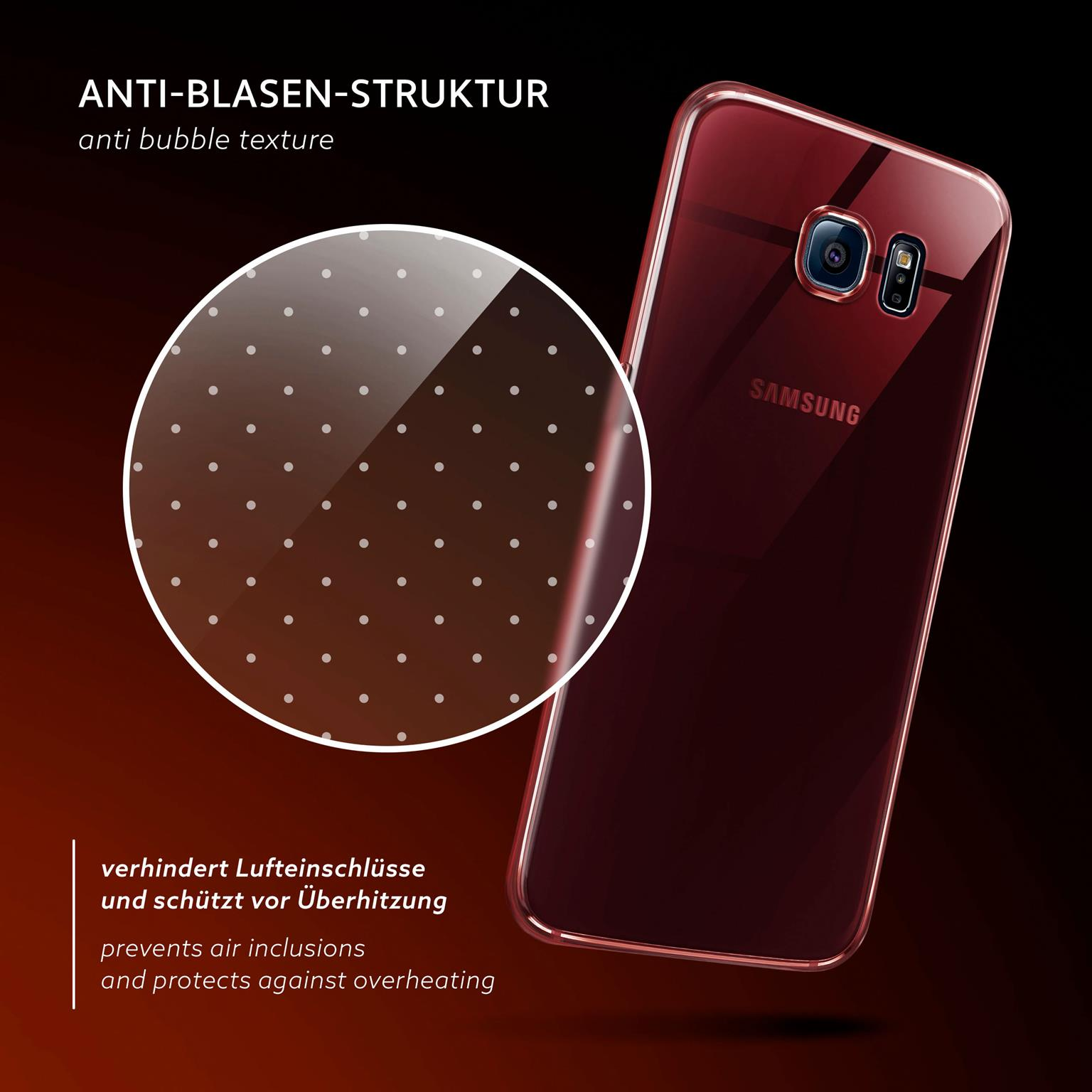 Ein rotes Telefon in einer klaren Hülle. Ein vergrößerter Abschnitt zeigt eine gepunktete Textur.