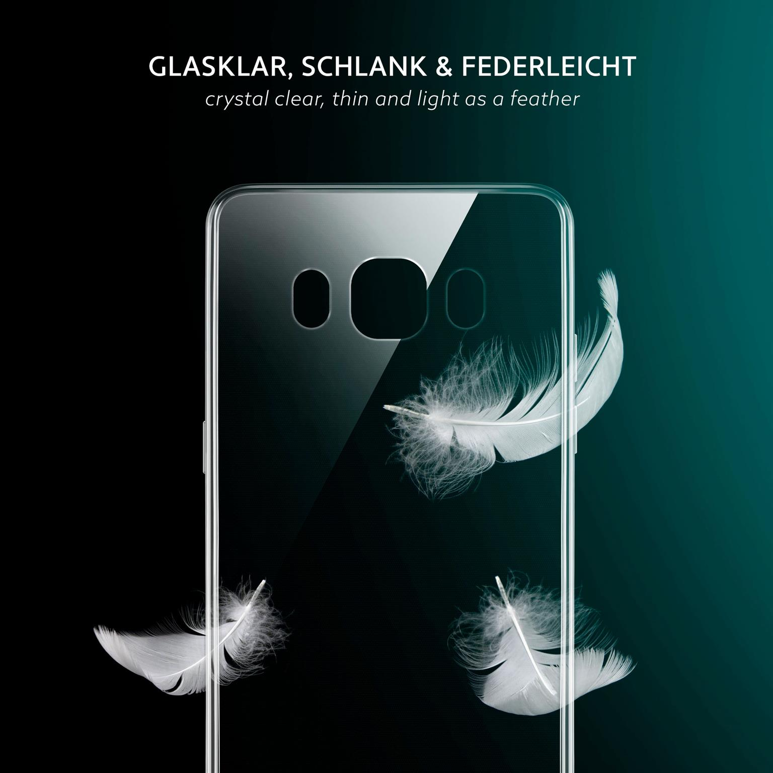 Eine transparente Handyhülle mit Federn, die dahinter schweben. Die Hülle ist kristallklar, dünn und leicht.