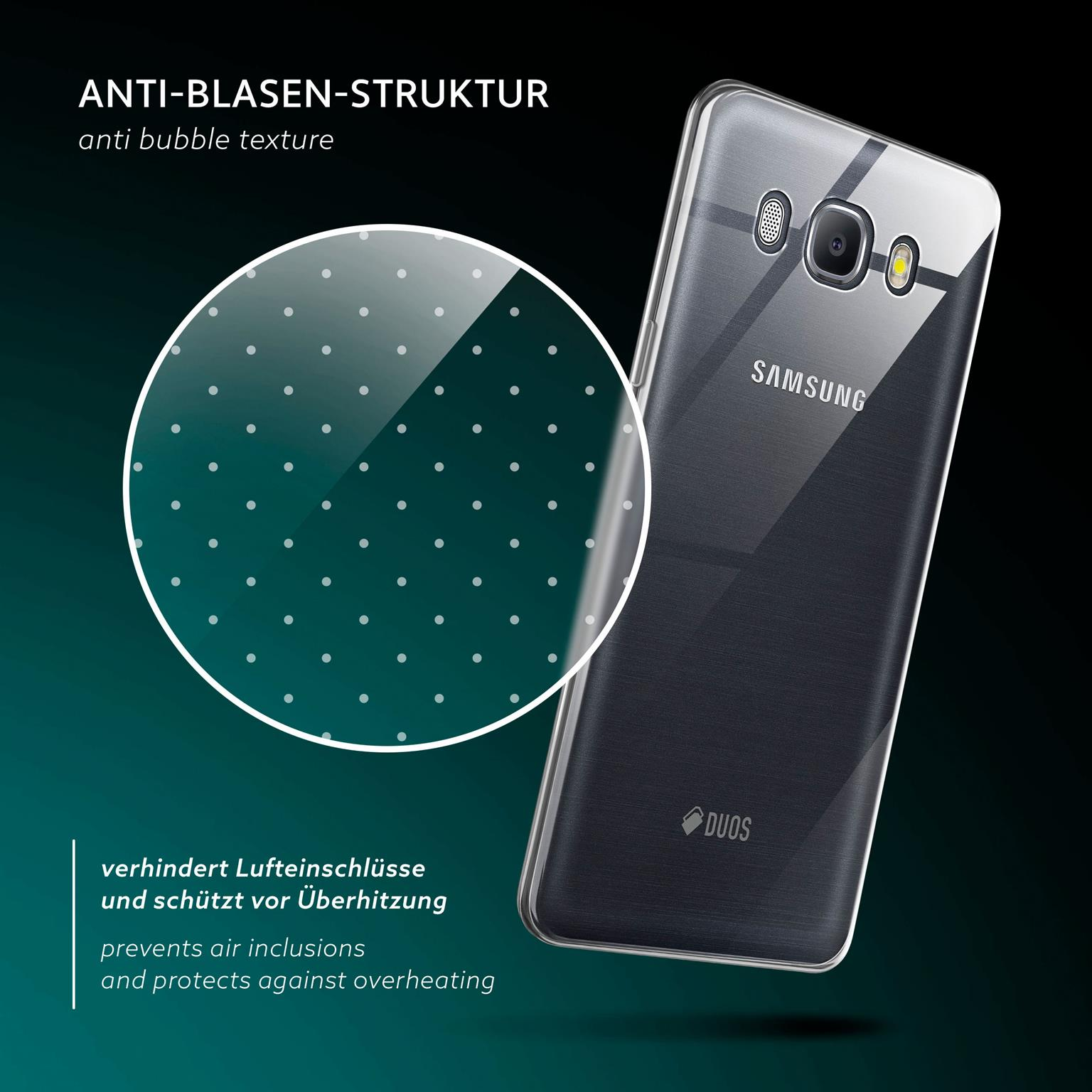 Transparente Handyhülle über schwarzem Telefon. Weiße Punkte auf einem Kreis. Weißer Text.