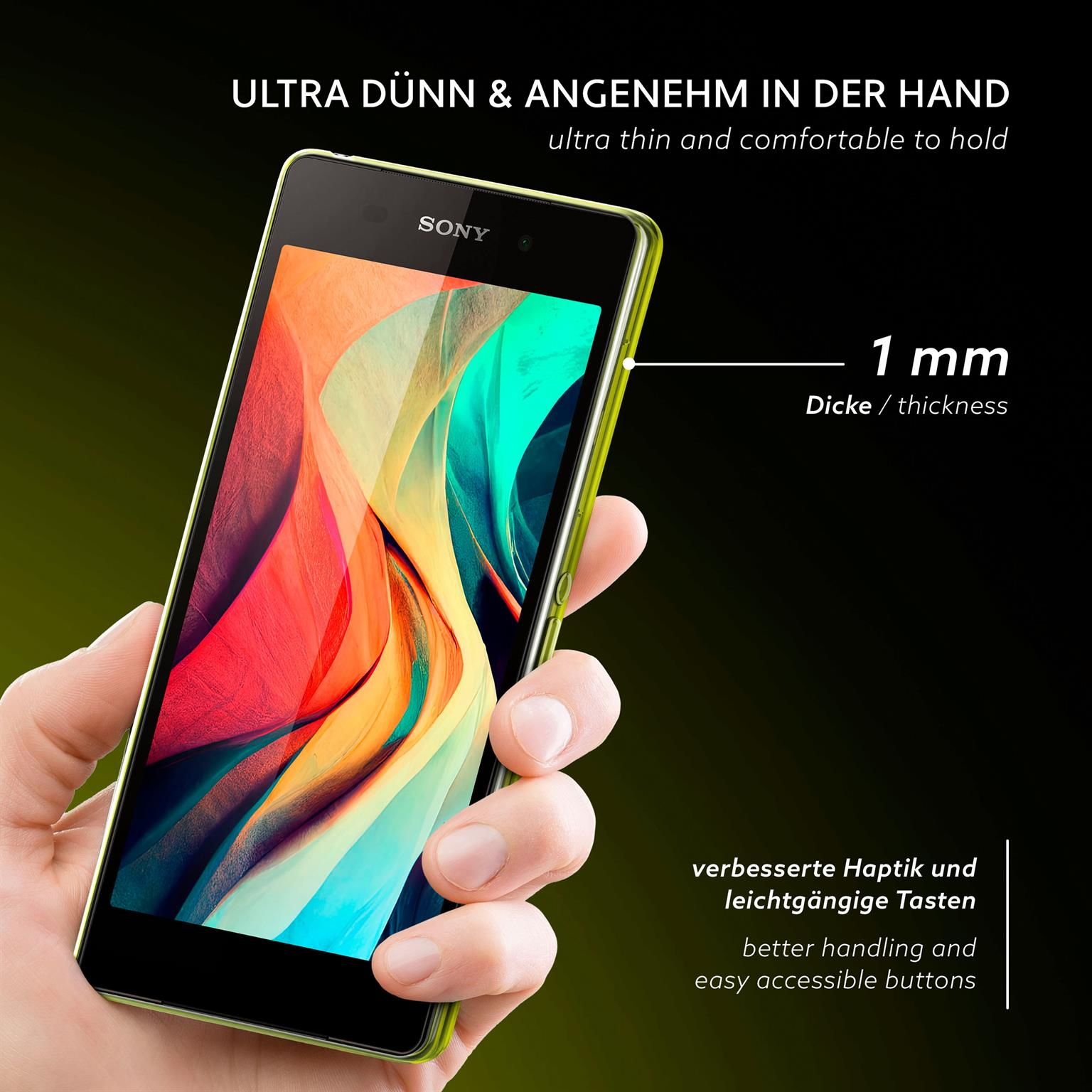 Hand hält ein gelb-grünes Telefon. Text hebt Dünne, 1 mm Dicke und bessere Tastenbedienung hervor.