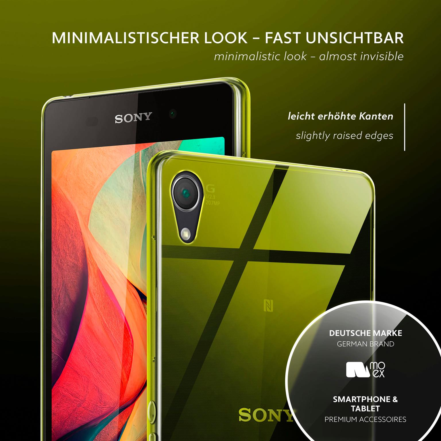 Zwei Telefone in transparenten Hüllen, eines grün getönt, mit Text über das Design.