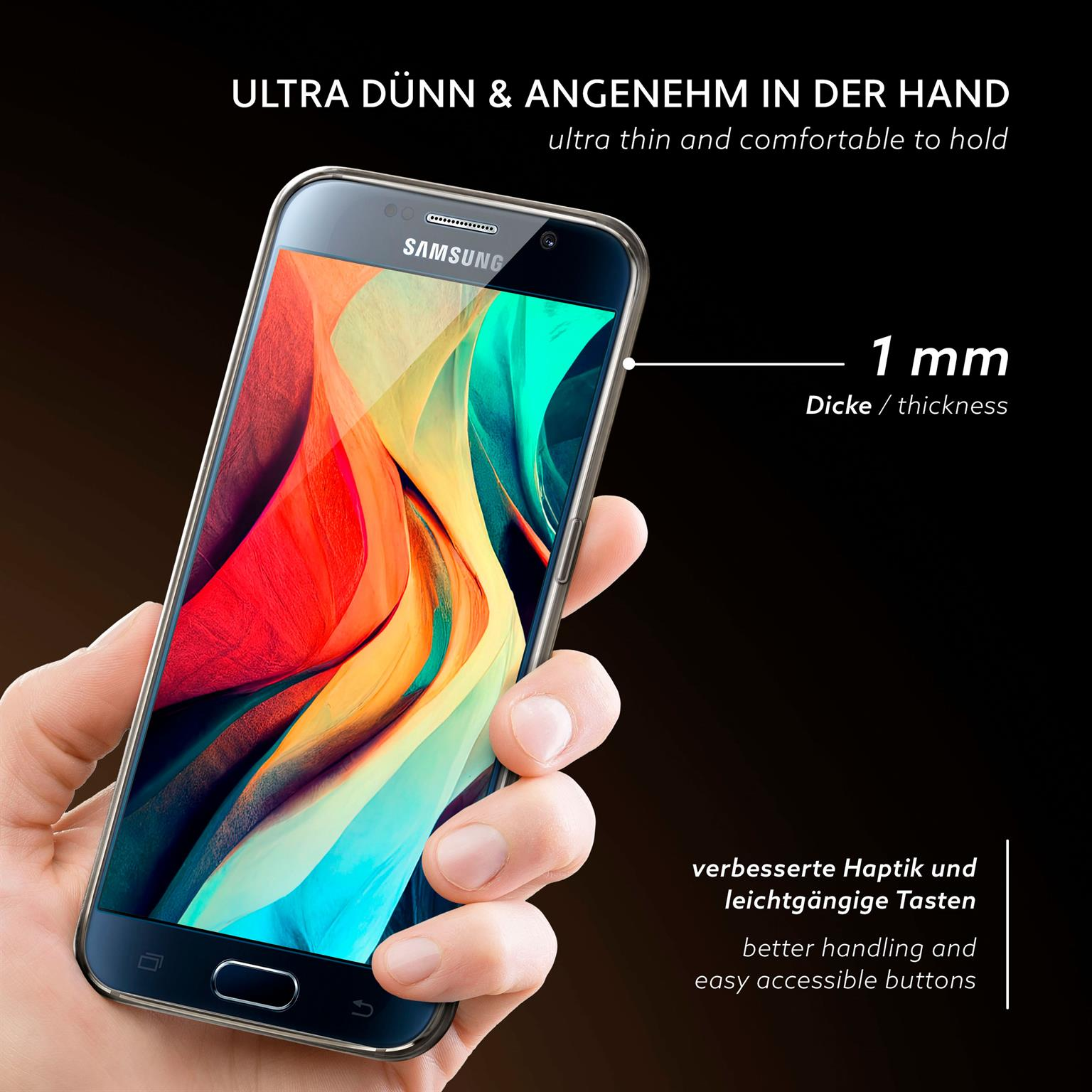 Hand, die ein Telefon in einer transparenten Hülle hält. Text: Ultradünn und angenehm zu halten. 1 mm Dicke.