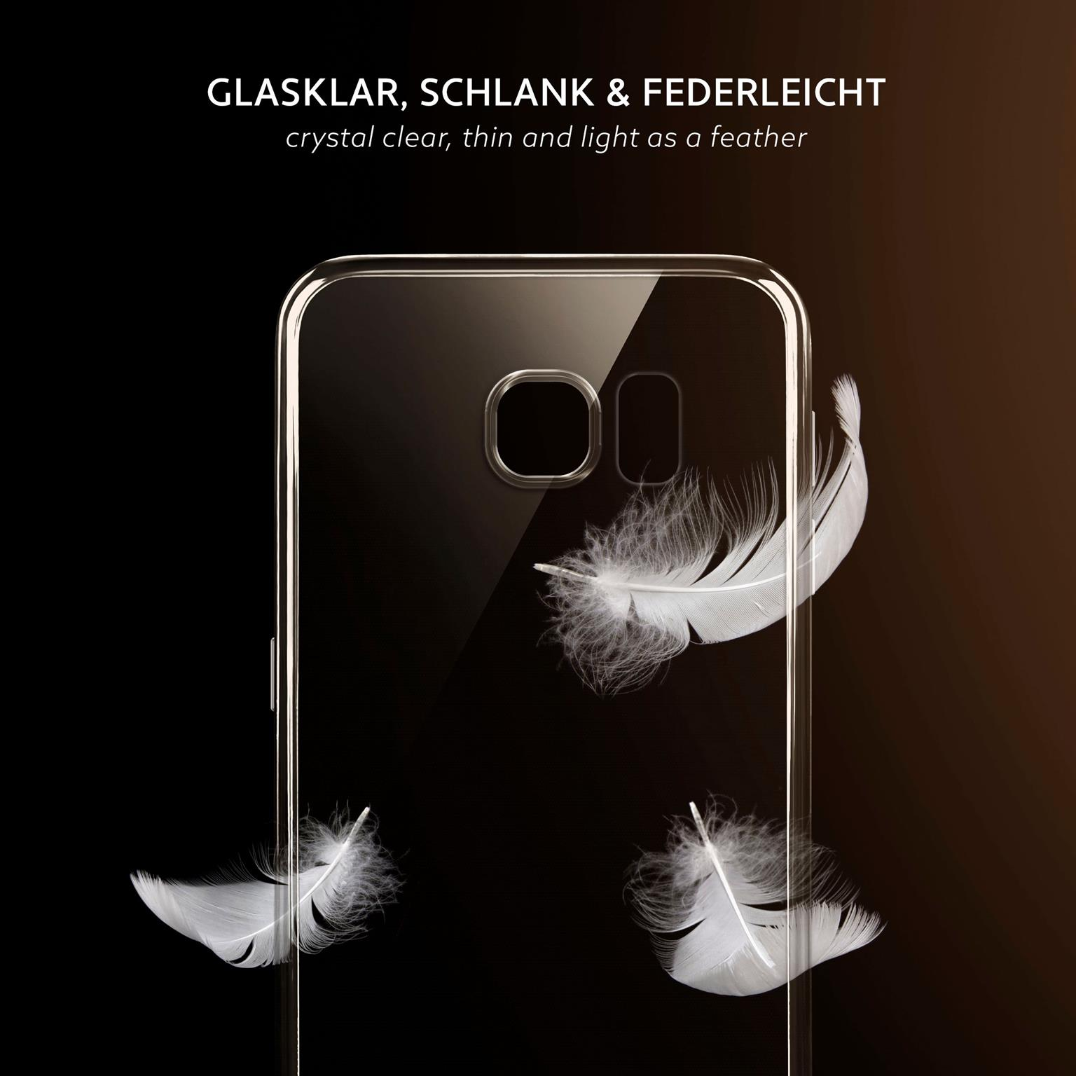 Eine klare Handyhülle mit einem schlanken Design. Drei weiße Federn fallen im Hintergrund.