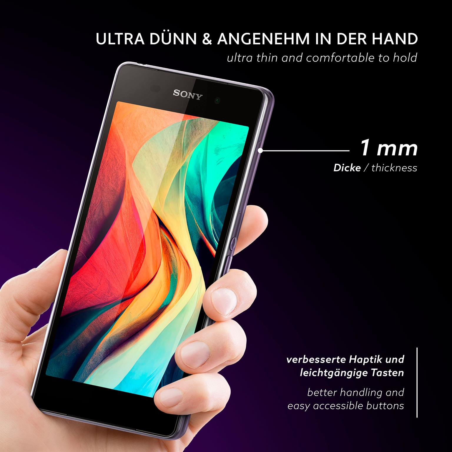 Eine Hand hält ein schlankes, schwarzes Smartphone mit farbenfrohem Hintergrund.