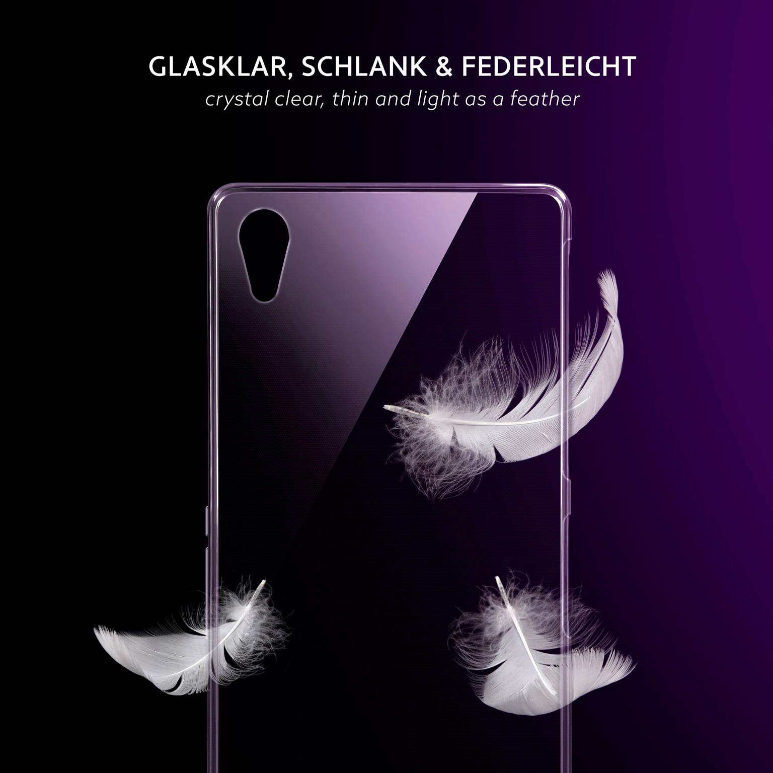 Transparente Handyhülle mit weißen Federn darin. Lila Hintergrund.