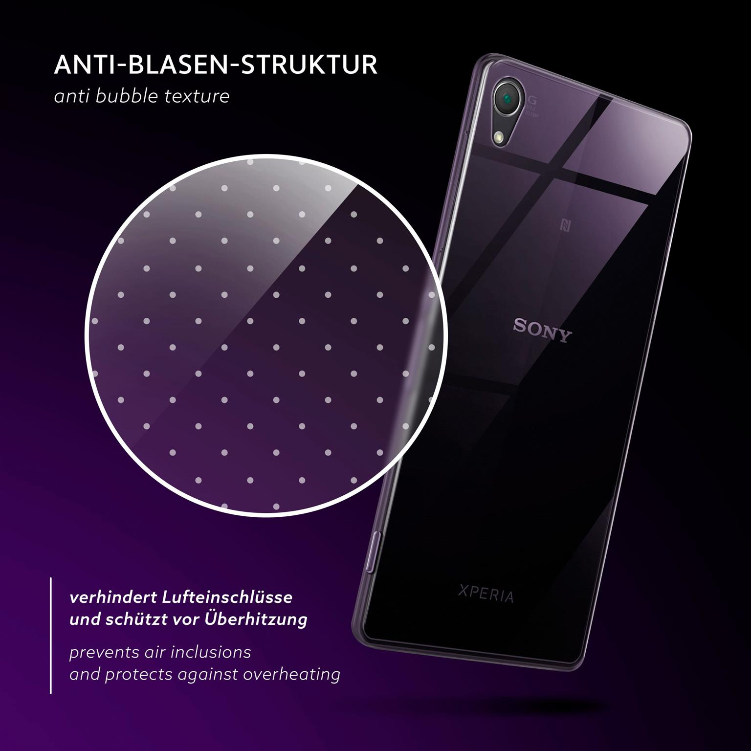 Lila Telefon mit klarer Hülle und weißen Punkten, abgewinkelt auf lila Hintergrund.