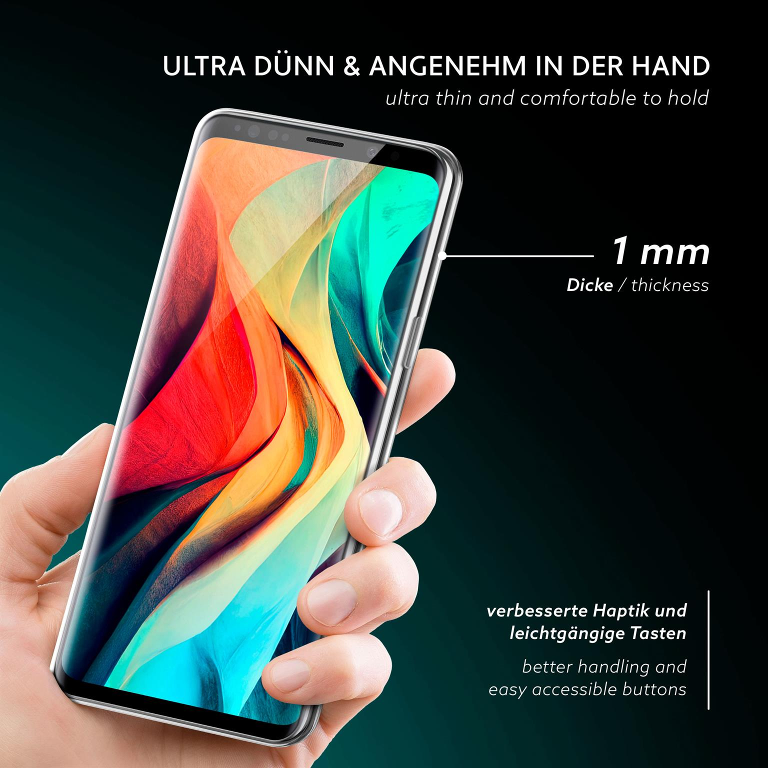 Hand hält Telefon mit Displayschutz. Telefon ist ultradünn, 1 mm dick und angenehm zu halten.