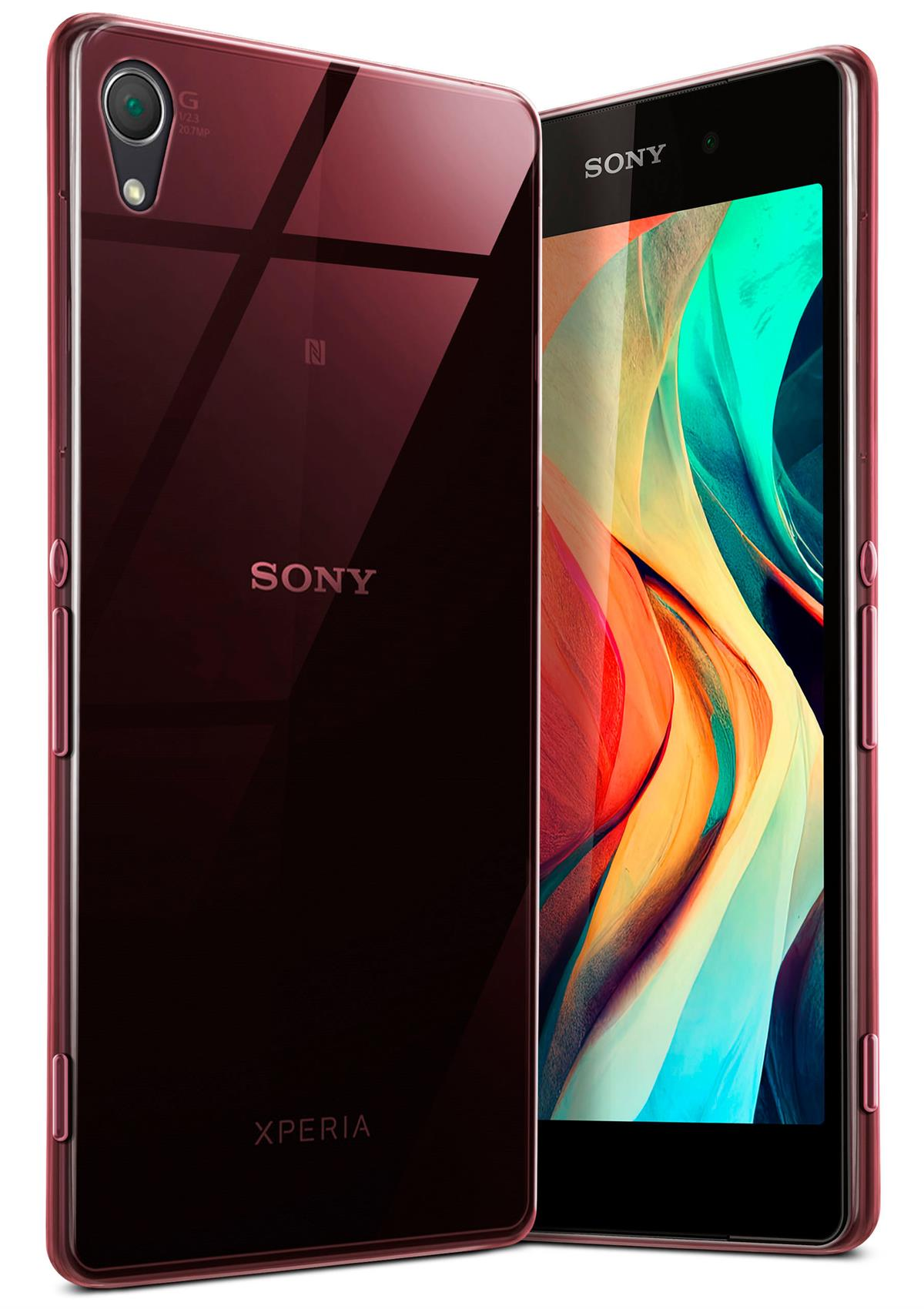 Rotes Telefon mit transparentem Gehäuse, mit farbenfrohem Hintergrund.