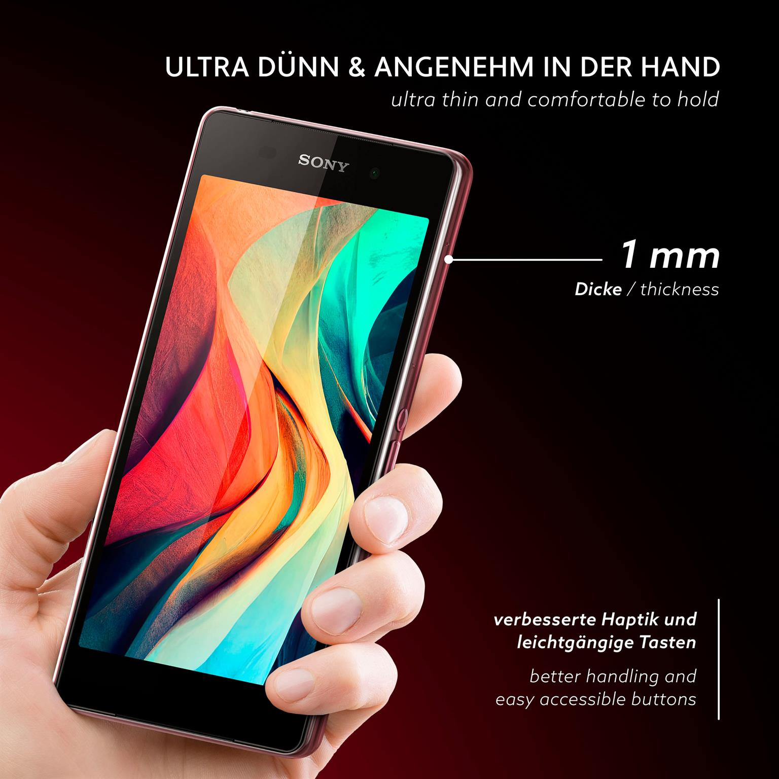 Hand hält Telefon mit rotem Rahmen. Der Bildschirm zeigt bunte Kunst.